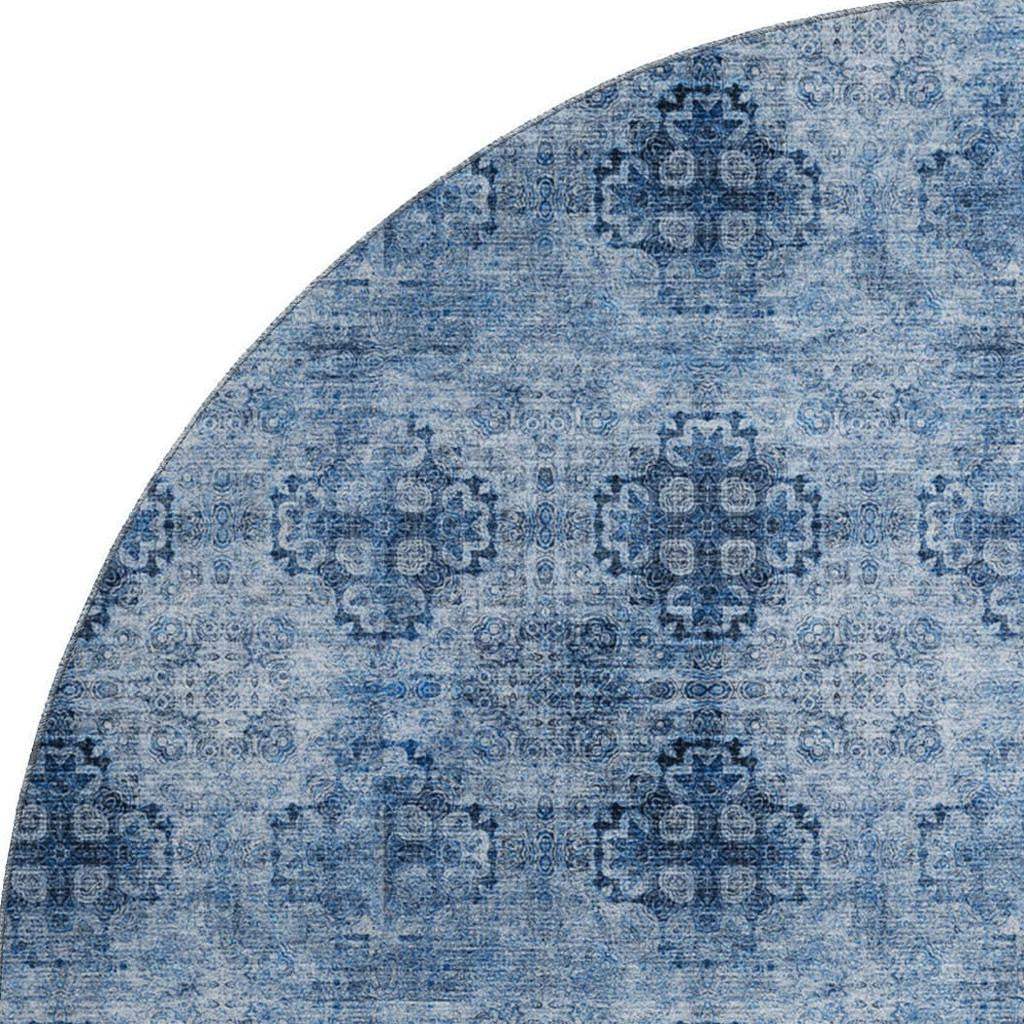 8' Navy Blue And Ivory Floral Medallion Distressed Washable Round Rug With UV Protection - HomeRoots - Flyclothing LLC