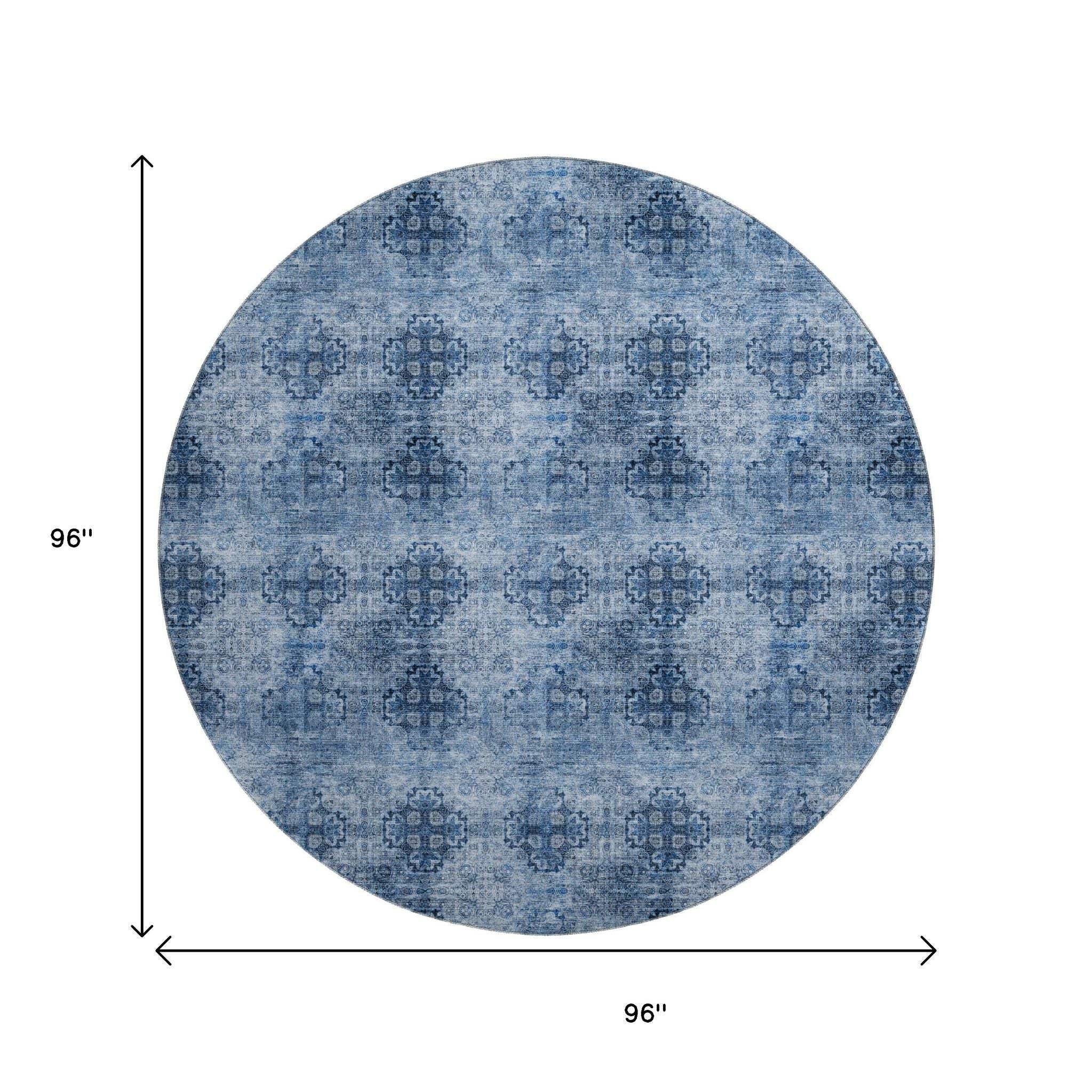 8' Navy Blue And Ivory Floral Medallion Distressed Washable Round Rug With UV Protection - HomeRoots - Flyclothing LLC