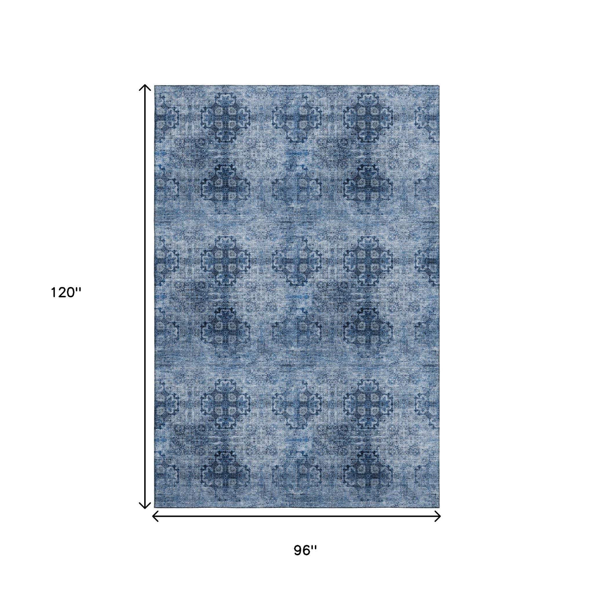 8' X 10' Navy Blue And Ivory Floral Medallion Distressed Washable Area Rug With UV Protection - HomeRoots - Flyclothing LLC