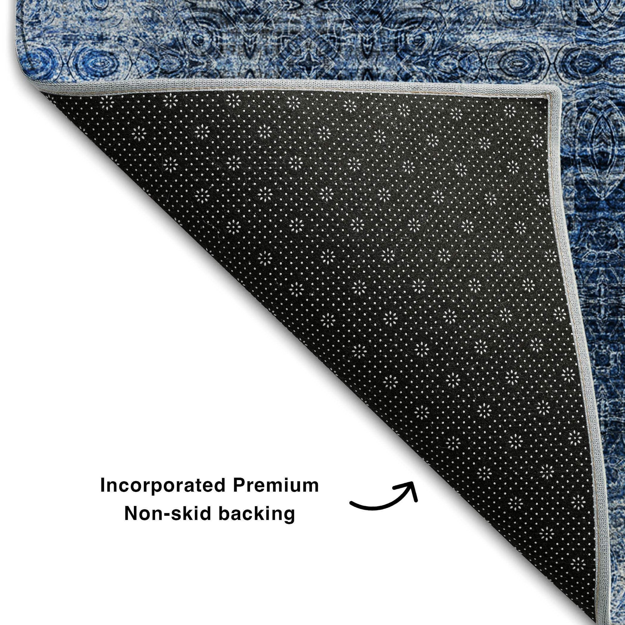 8' X 10' Navy Blue And Ivory Floral Medallion Distressed Washable Area Rug With UV Protection - HomeRoots - Flyclothing LLC