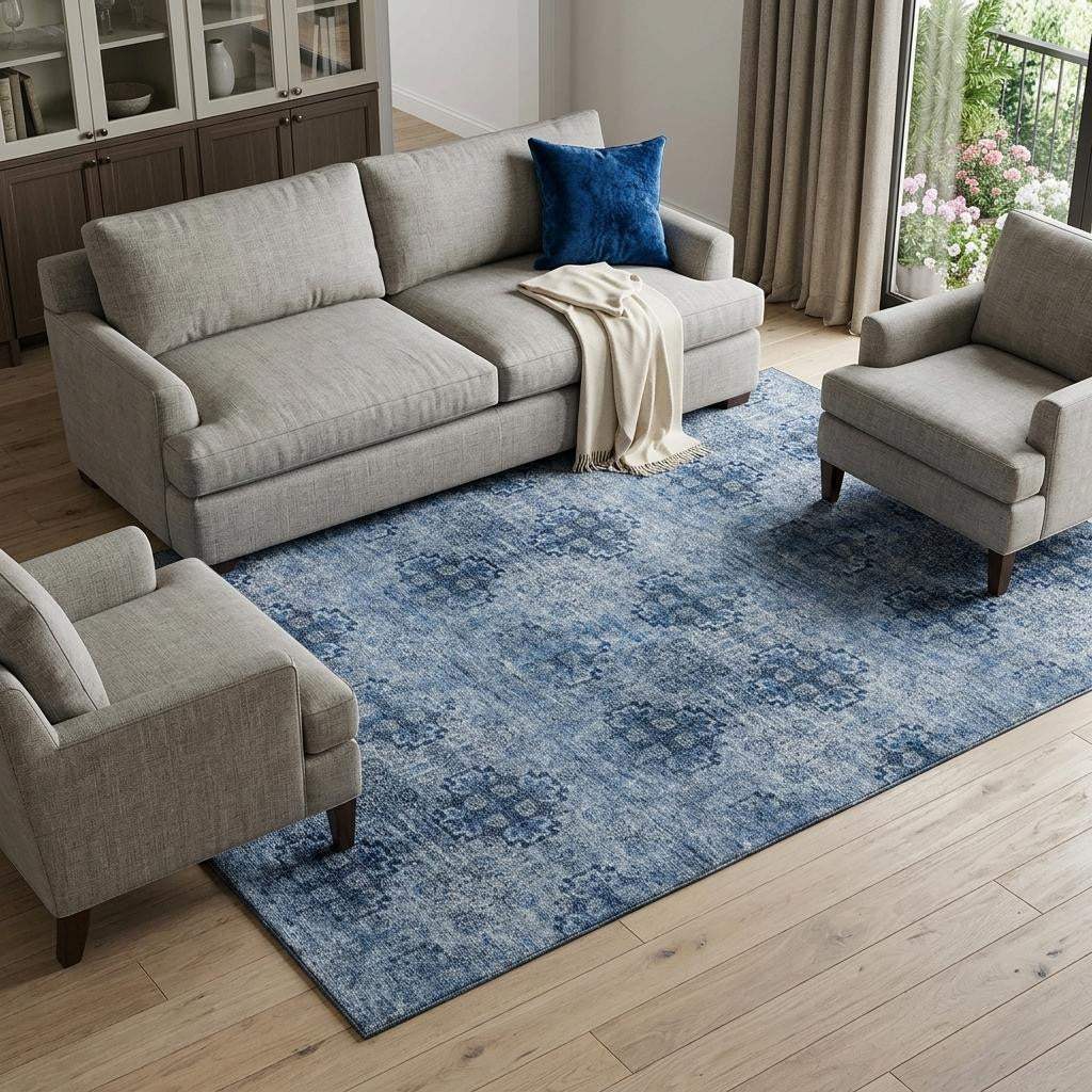 8' X 10' Navy Blue And Ivory Floral Medallion Distressed Washable Area Rug With UV Protection - HomeRoots - Flyclothing LLC