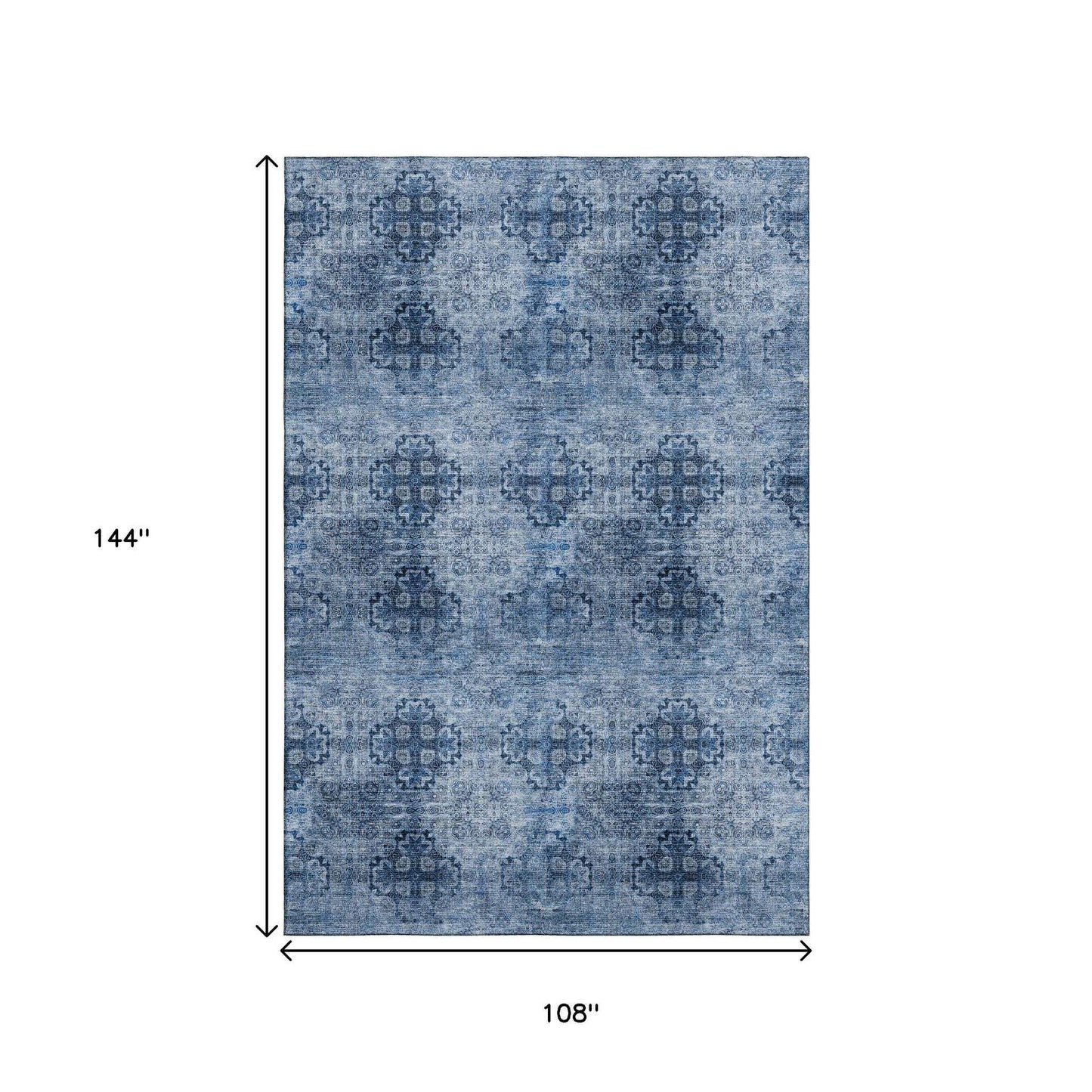 9' X 12' Navy Blue And Ivory Floral Medallion Distressed Washable Area Rug With UV Protection - HomeRoots - Flyclothing LLC