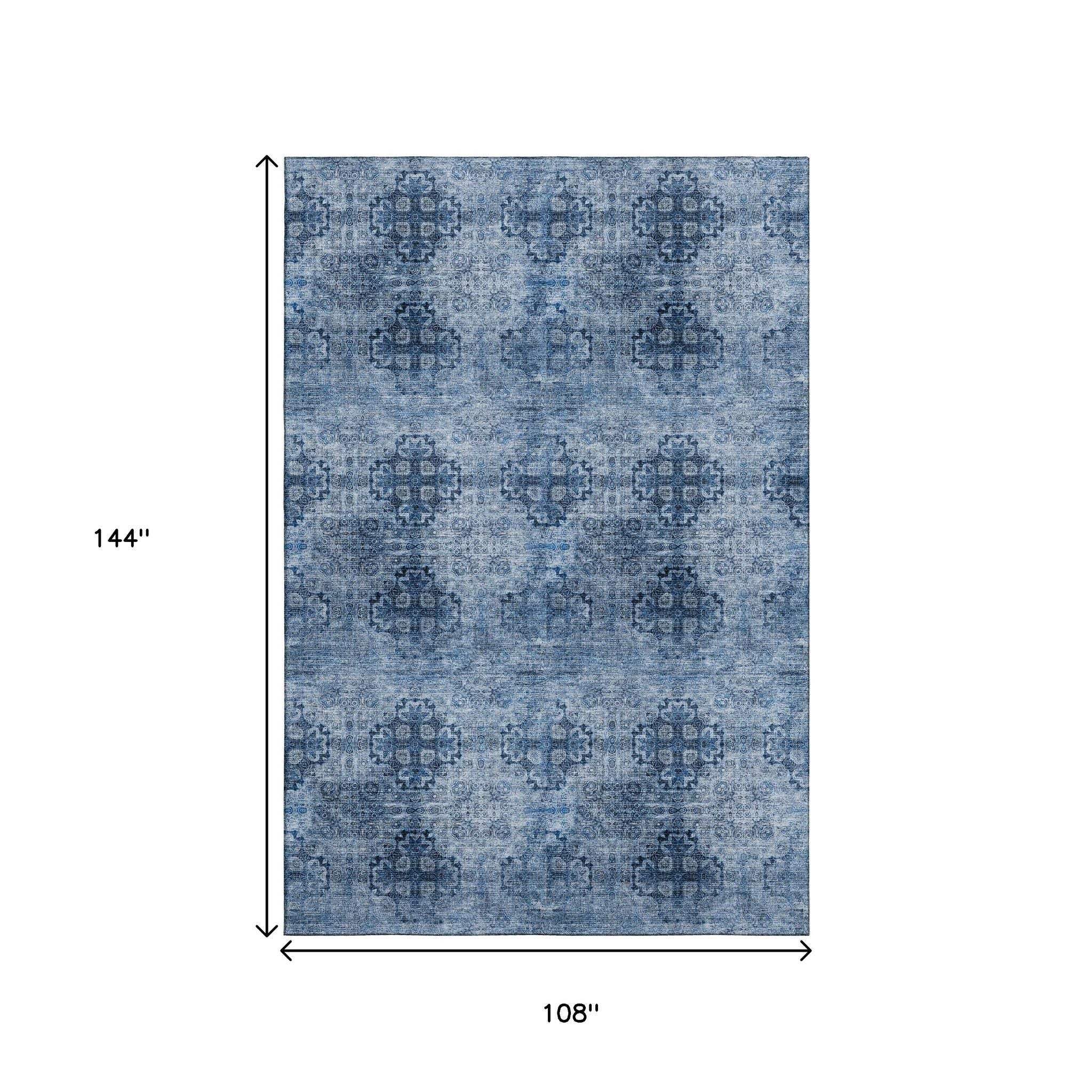 9' X 12' Navy Blue And Ivory Floral Medallion Distressed Washable Area Rug With UV Protection - HomeRoots - Flyclothing LLC