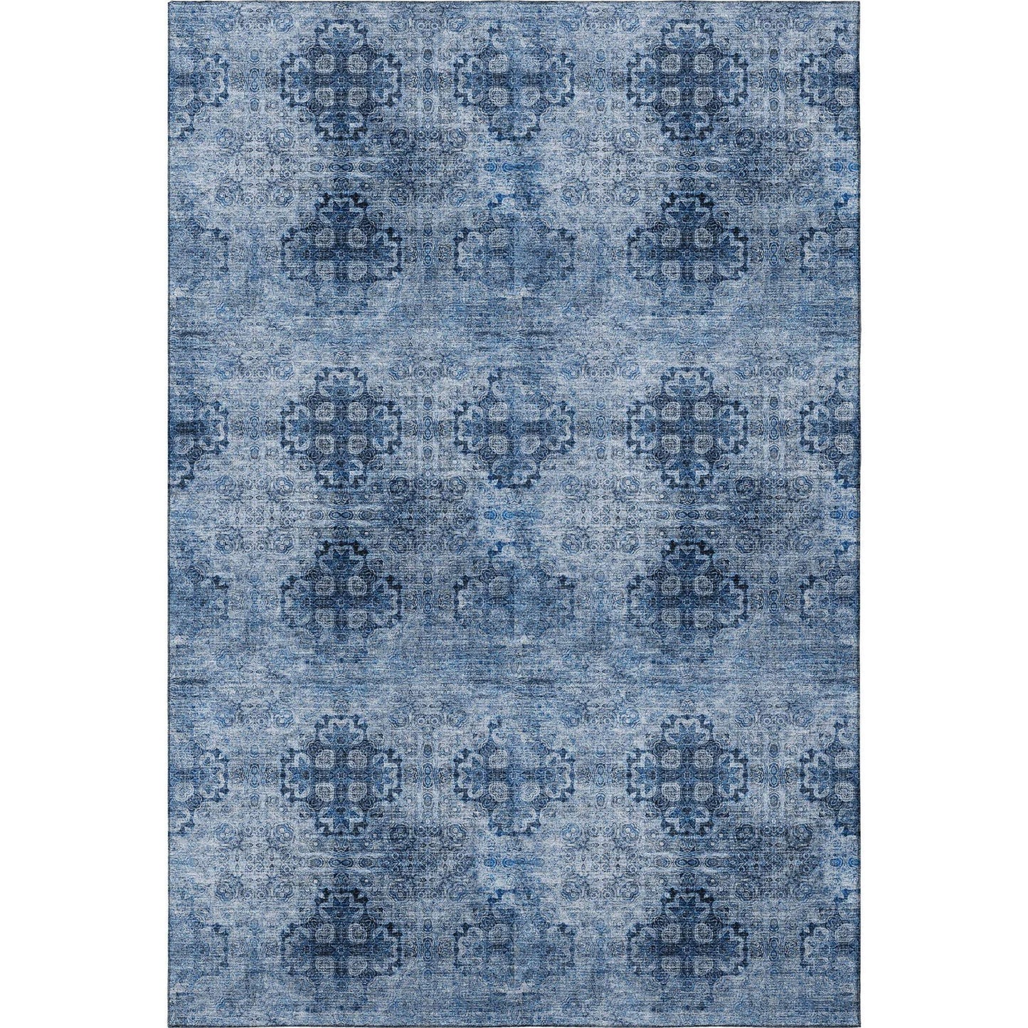 9' X 12' Navy Blue And Ivory Floral Medallion Distressed Washable Area Rug With UV Protection - HomeRoots - Flyclothing LLC