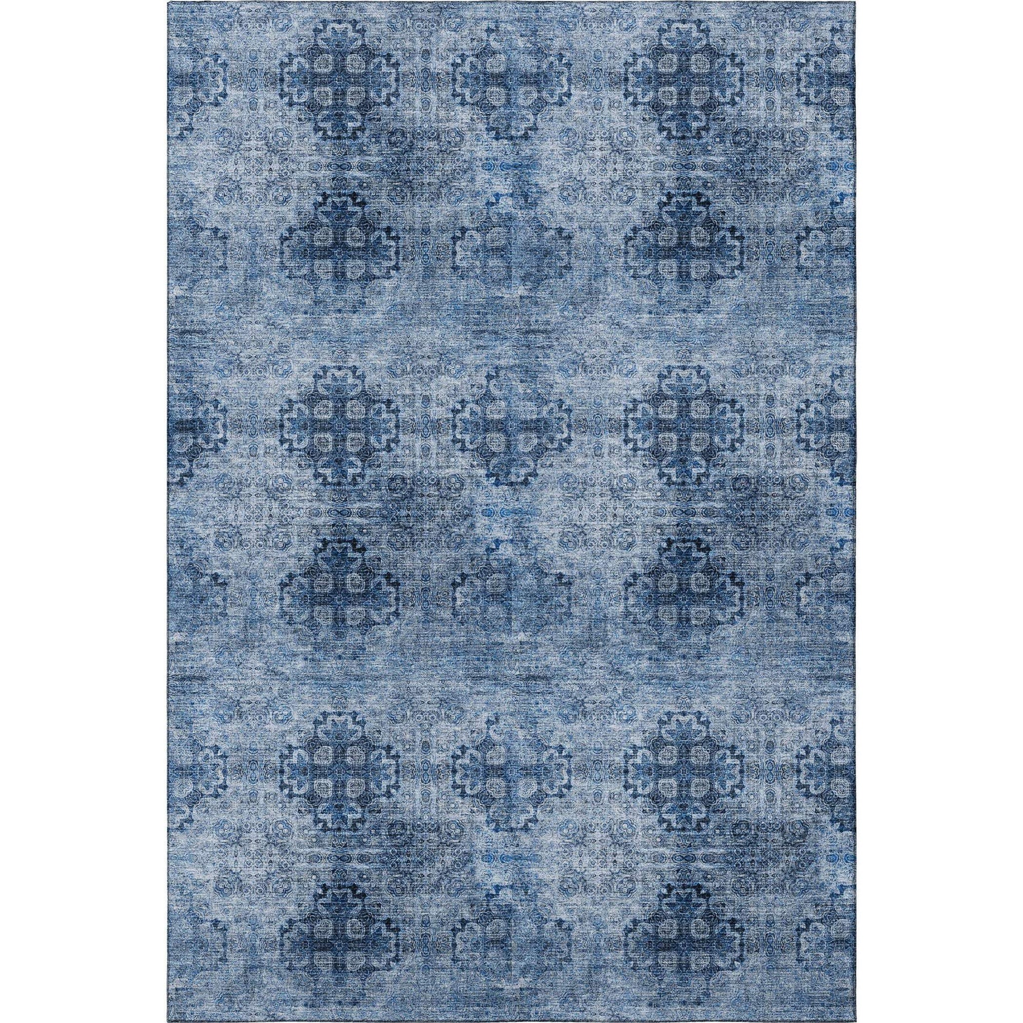 9' X 12' Navy Blue And Ivory Floral Medallion Distressed Washable Area Rug With UV Protection - HomeRoots - Flyclothing LLC