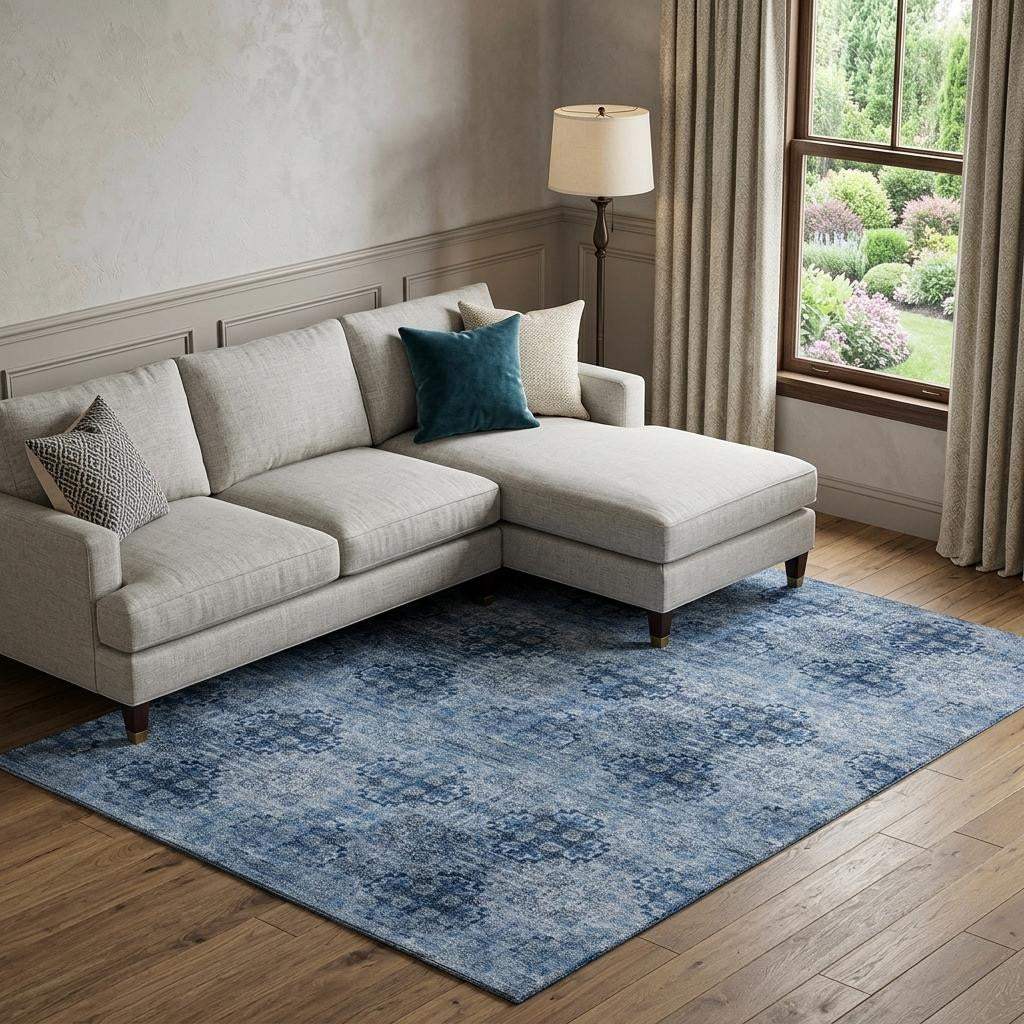 10' X 14' Navy Blue And Ivory Floral Medallion Distressed Washable Area Rug With UV Protection - HomeRoots - Flyclothing LLC
