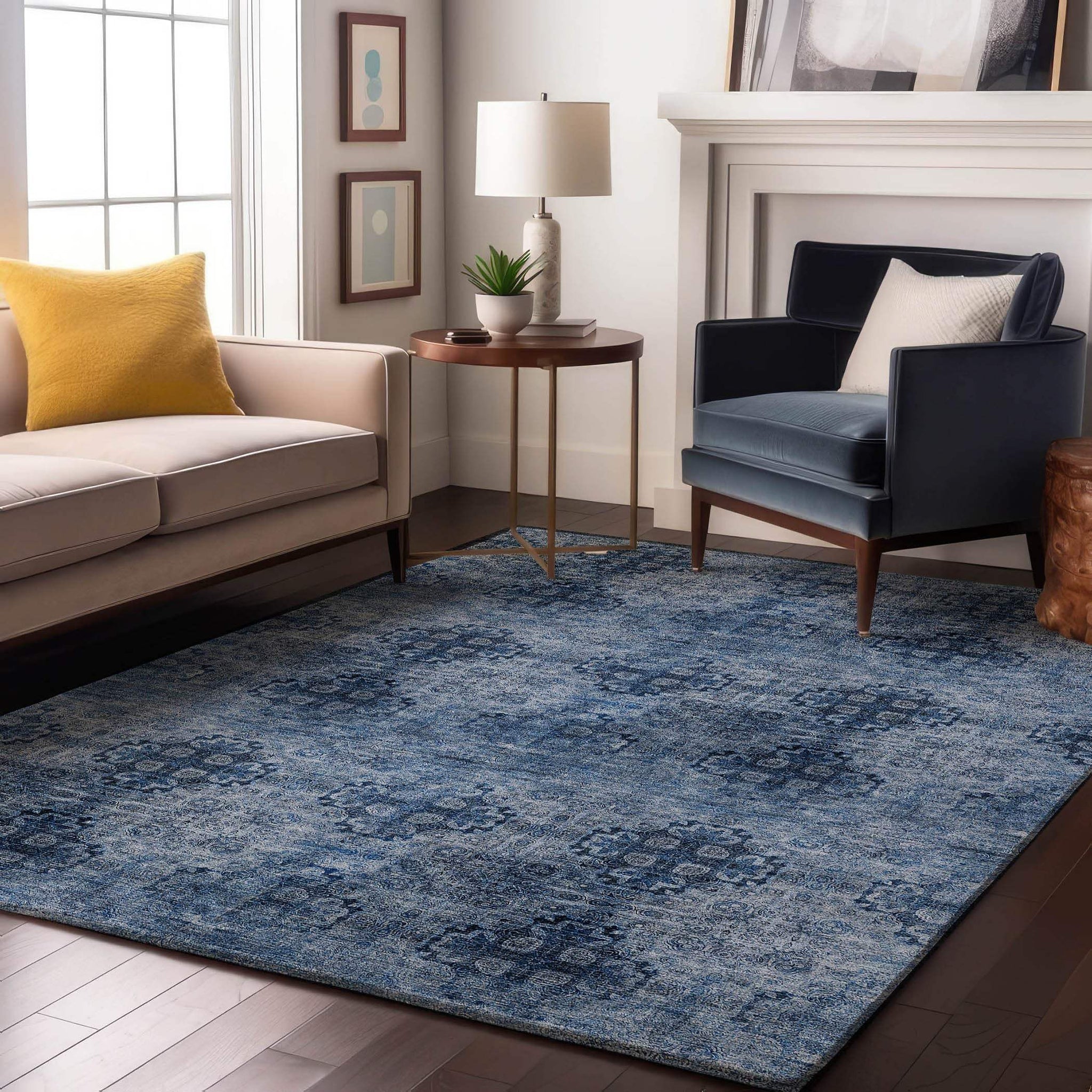 10' X 14' Navy Blue And Ivory Floral Medallion Distressed Washable Area Rug With UV Protection - HomeRoots - Flyclothing LLC
