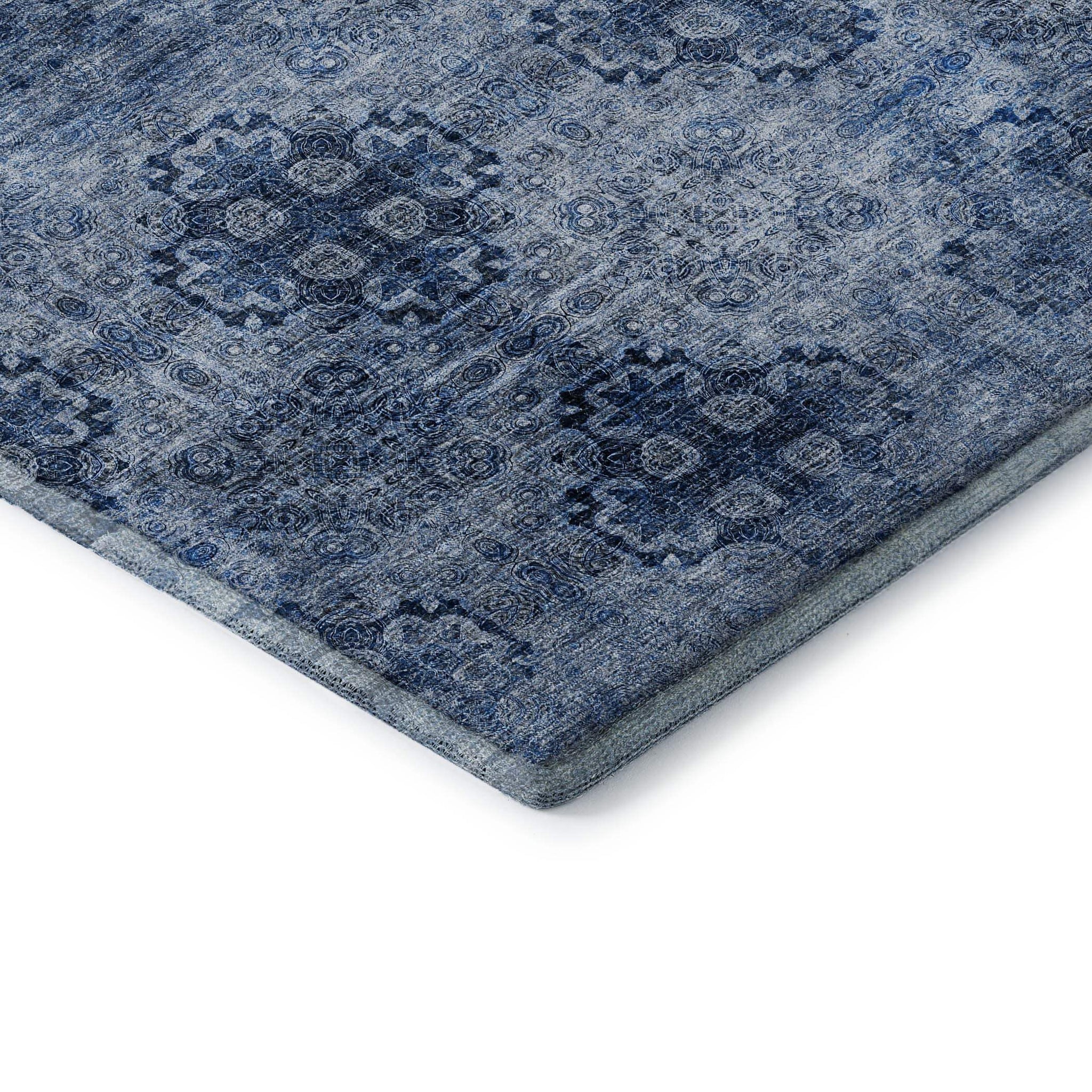 10' X 14' Navy Blue And Ivory Floral Medallion Distressed Washable Area Rug With UV Protection - HomeRoots - Flyclothing LLC