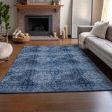 10' X 14' Navy Blue And Ivory Floral Medallion Distressed Washable Area Rug With UV Protection - HomeRoots - Flyclothing LLC