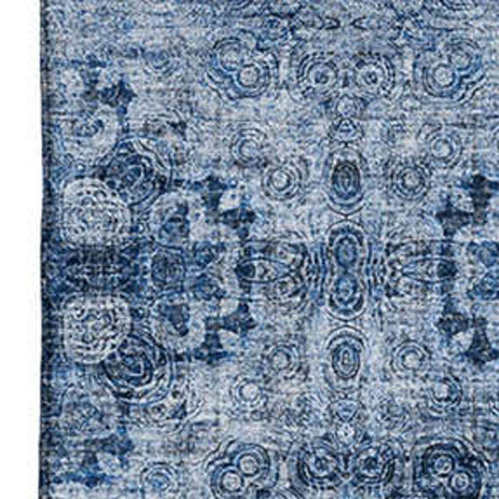 10' X 14' Navy Blue And Ivory Floral Medallion Distressed Washable Area Rug With UV Protection - HomeRoots - Flyclothing LLC