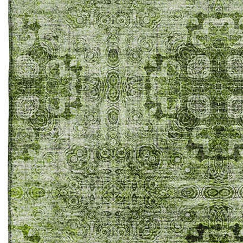 3' X 5' Olive Green And Ivory Floral Medallion Distressed Washable Area Rug With UV Protection - HomeRoots - Flyclothing LLC
