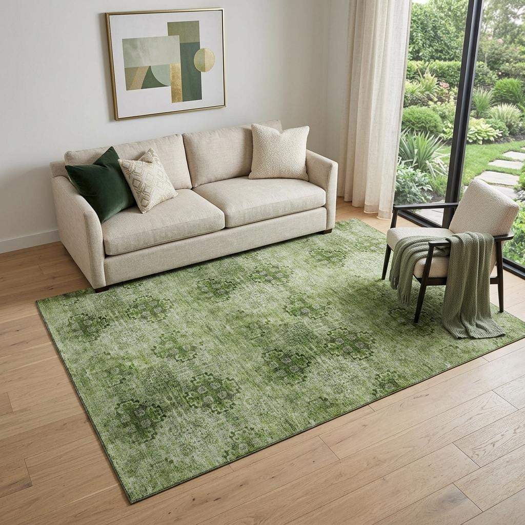 5' X 8' Olive Green And Ivory Floral Medallion Distressed Washable Area Rug With UV Protection - HomeRoots - Flyclothing LLC