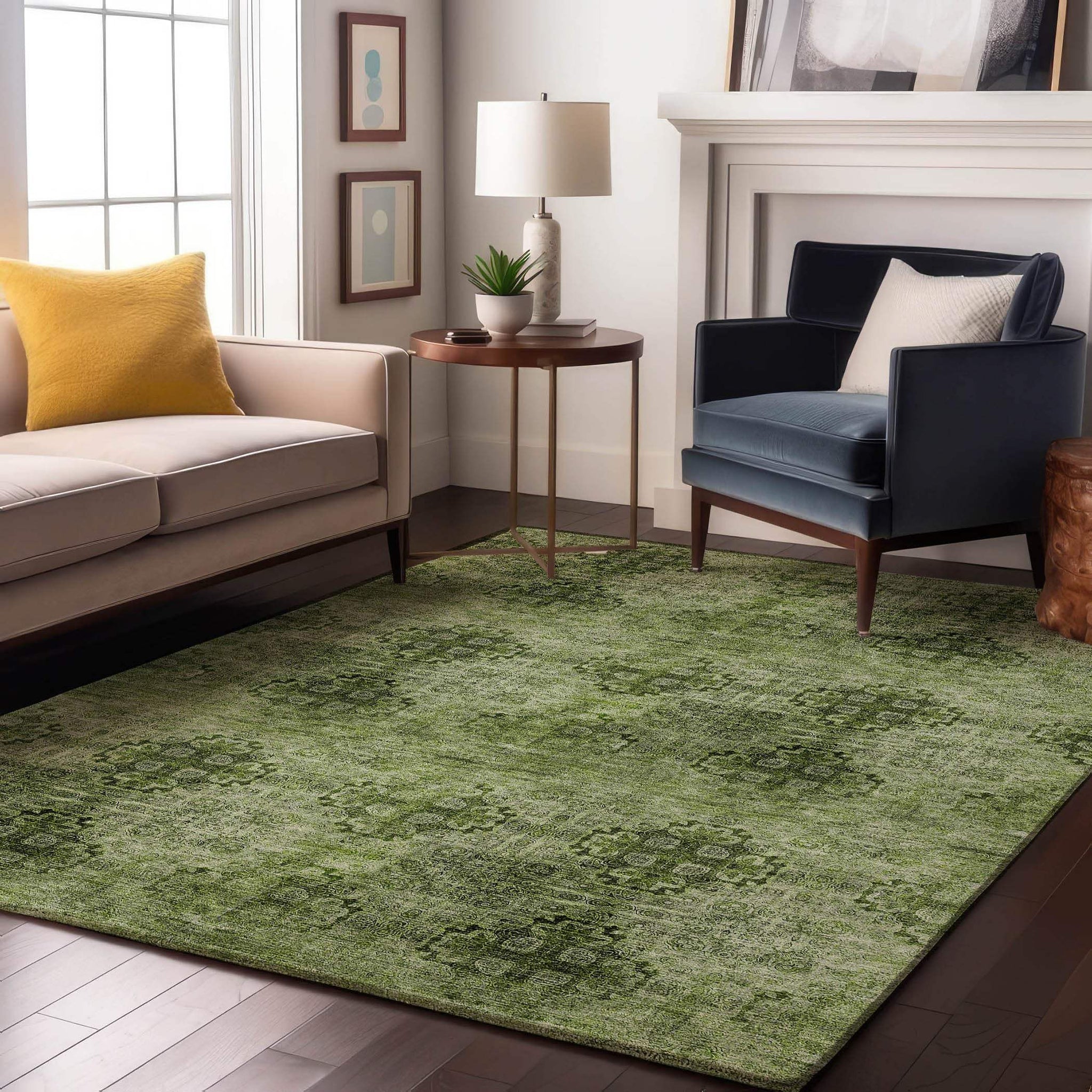 5' X 8' Olive Green And Ivory Floral Medallion Distressed Washable Area Rug With UV Protection - HomeRoots - Flyclothing LLC
