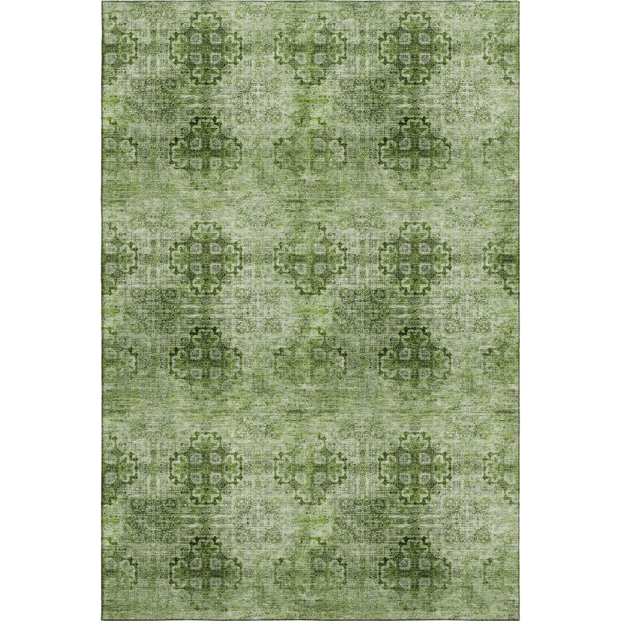 5' X 8' Olive Green And Ivory Floral Medallion Distressed Washable Area Rug With UV Protection - HomeRoots - Flyclothing LLC