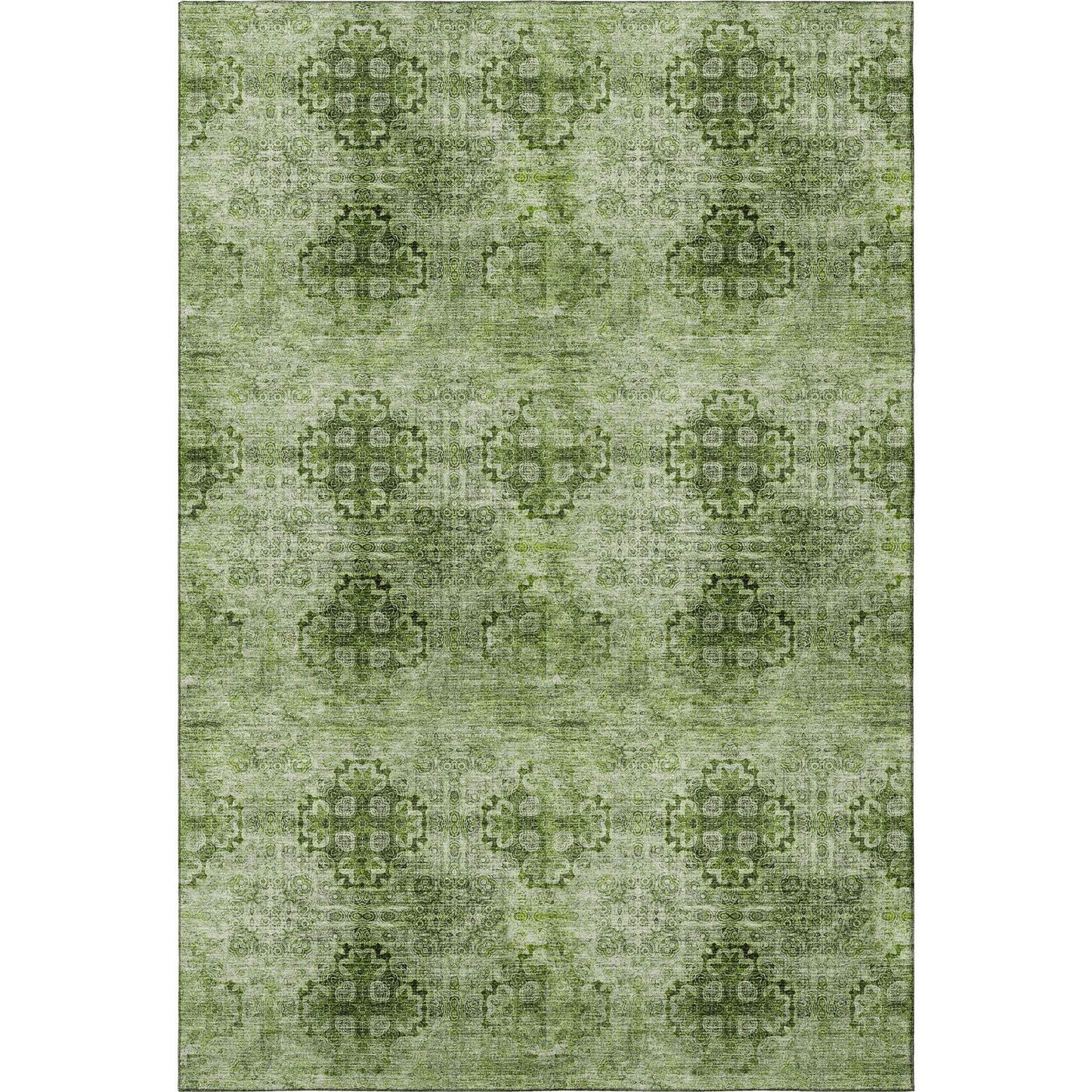 5' X 8' Olive Green And Ivory Floral Medallion Distressed Washable Area Rug With UV Protection - HomeRoots - Flyclothing LLC
