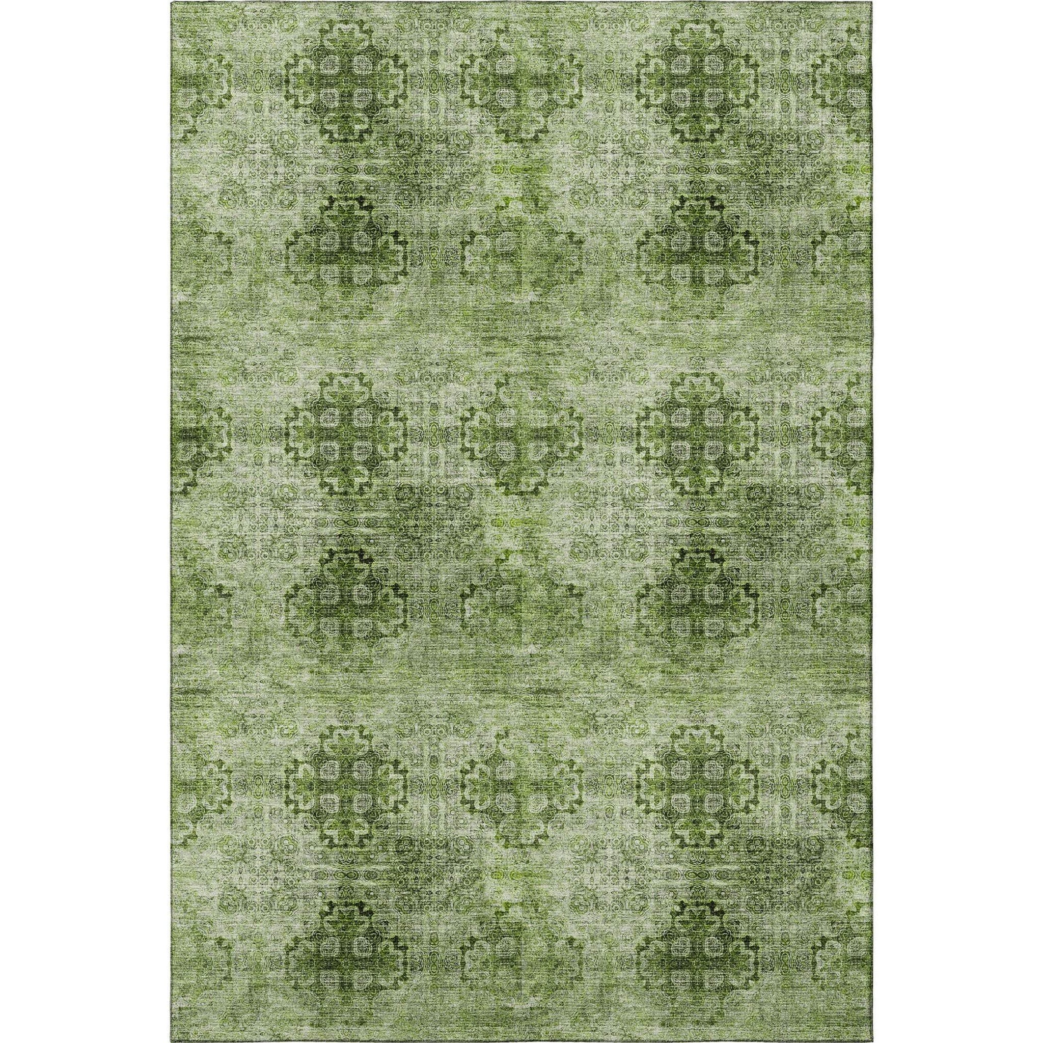 5' X 8' Olive Green And Ivory Floral Medallion Distressed Washable Area Rug With UV Protection - HomeRoots - Flyclothing LLC