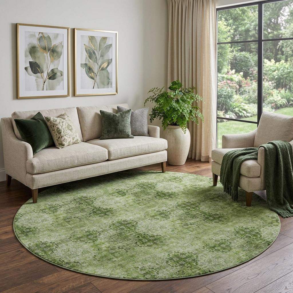 8' Olive Green And Ivory Floral Medallion Distressed Washable Round Rug With UV Protection - HomeRoots - Flyclothing LLC