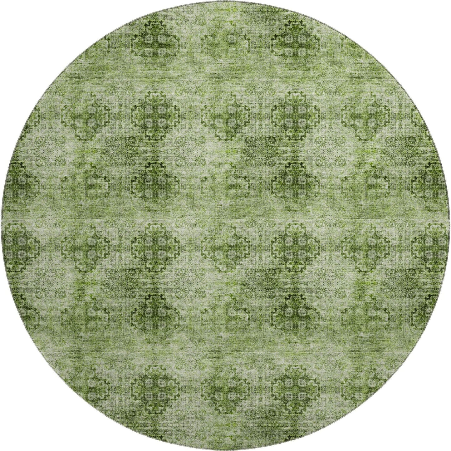 8' Olive Green And Ivory Floral Medallion Distressed Washable Round Rug With UV Protection - HomeRoots - Flyclothing LLC