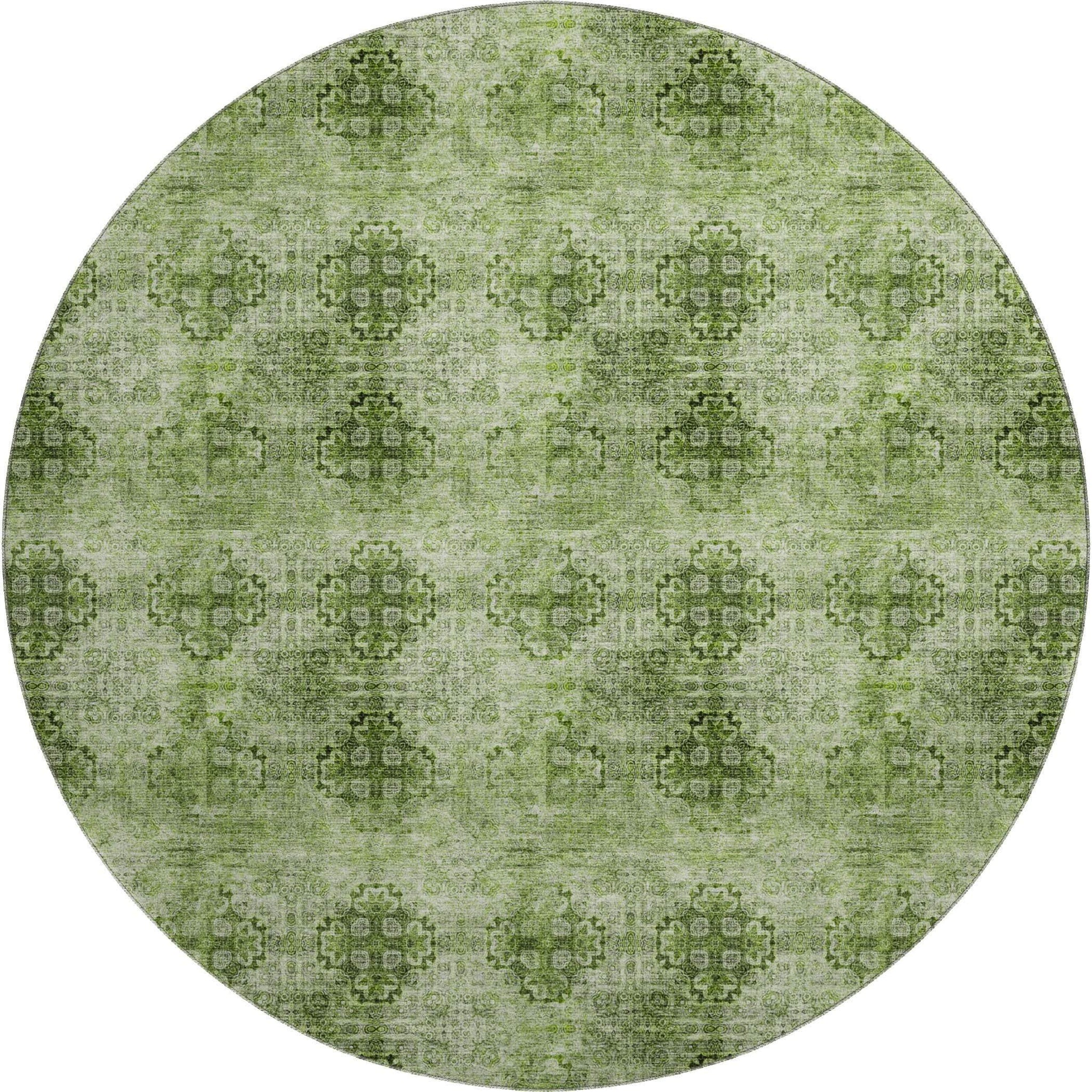8' Olive Green And Ivory Floral Medallion Distressed Washable Round Rug With UV Protection - HomeRoots - Flyclothing LLC