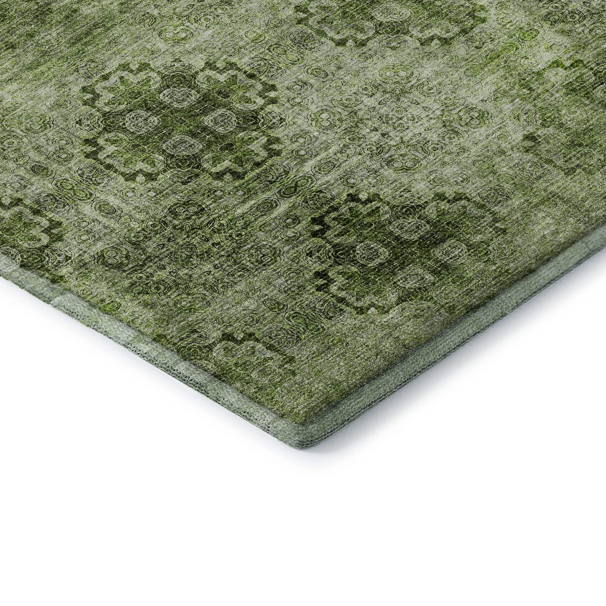 8' Olive Green And Ivory Floral Medallion Distressed Washable Round Rug With UV Protection - HomeRoots - Flyclothing LLC