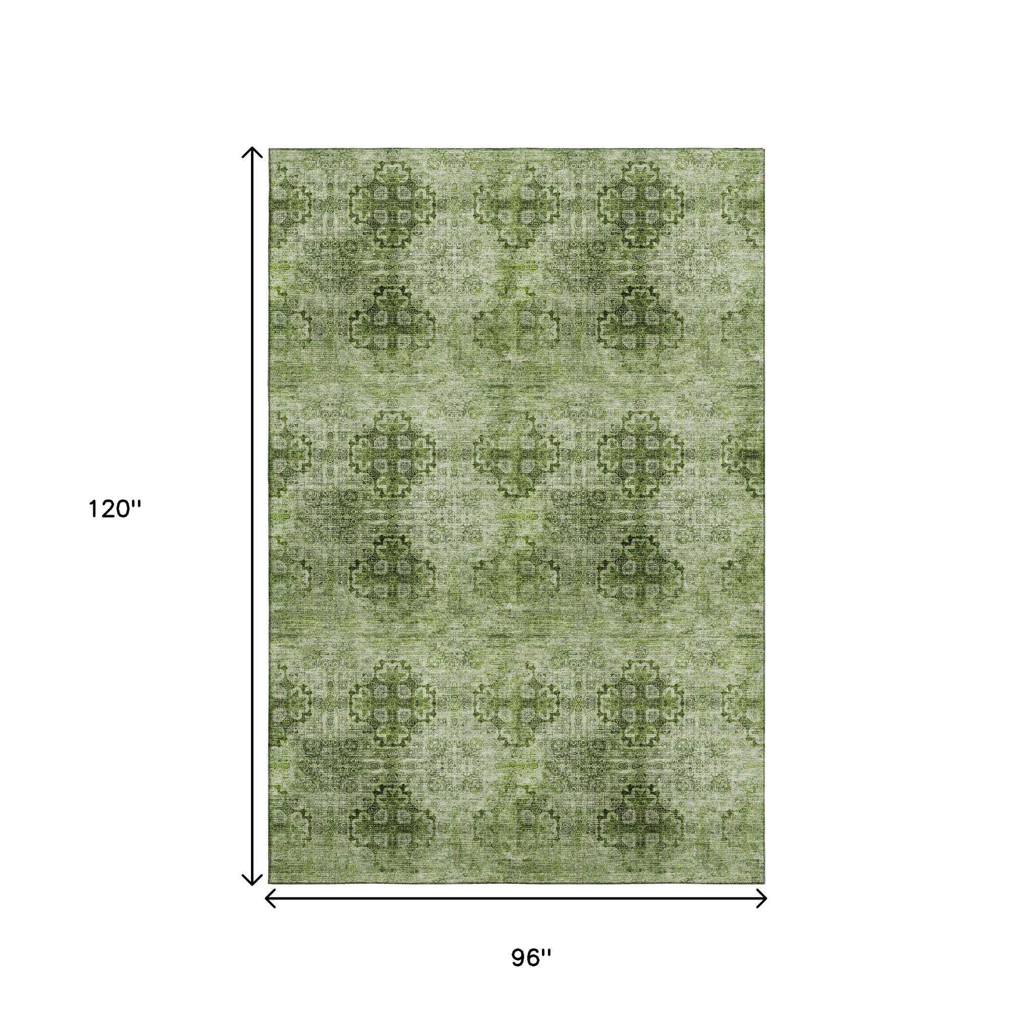 8' X 10' Olive Green And Ivory Floral Medallion Distressed Washable Area Rug With UV Protection - HomeRoots - Flyclothing LLC