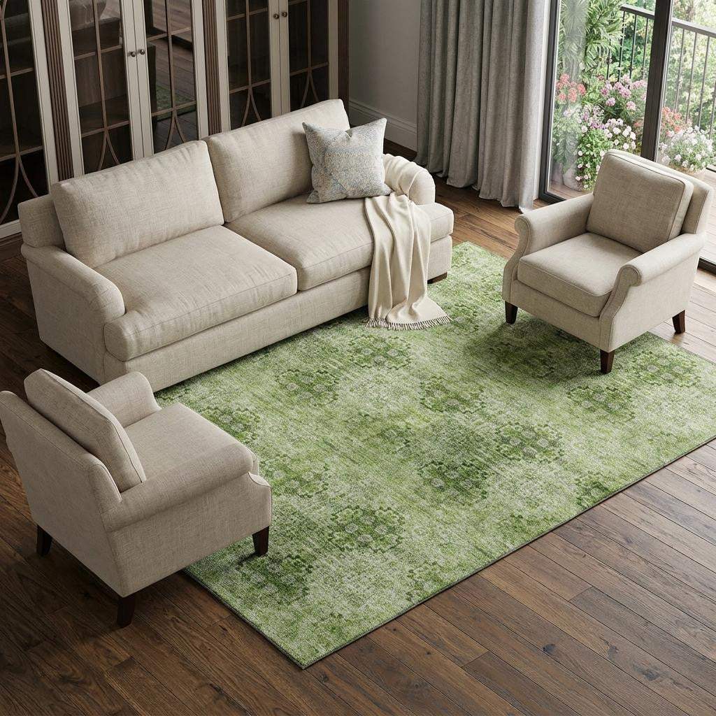 8' X 10' Olive Green And Ivory Floral Medallion Distressed Washable Area Rug With UV Protection - HomeRoots - Flyclothing LLC
