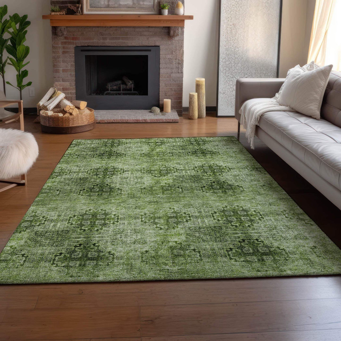 8' X 10' Olive Green And Ivory Floral Medallion Distressed Washable Area Rug With UV Protection - HomeRoots - Flyclothing LLC