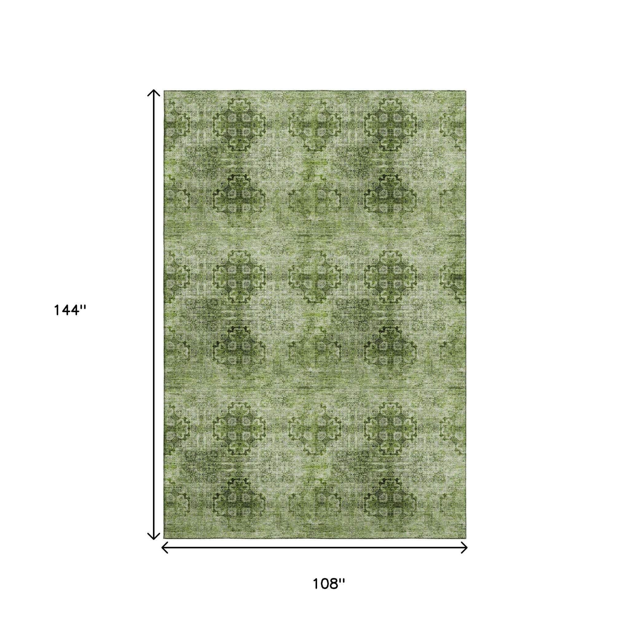 9' X 12' Olive Green And Ivory Floral Medallion Distressed Washable Area Rug With UV Protection - HomeRoots - Flyclothing LLC