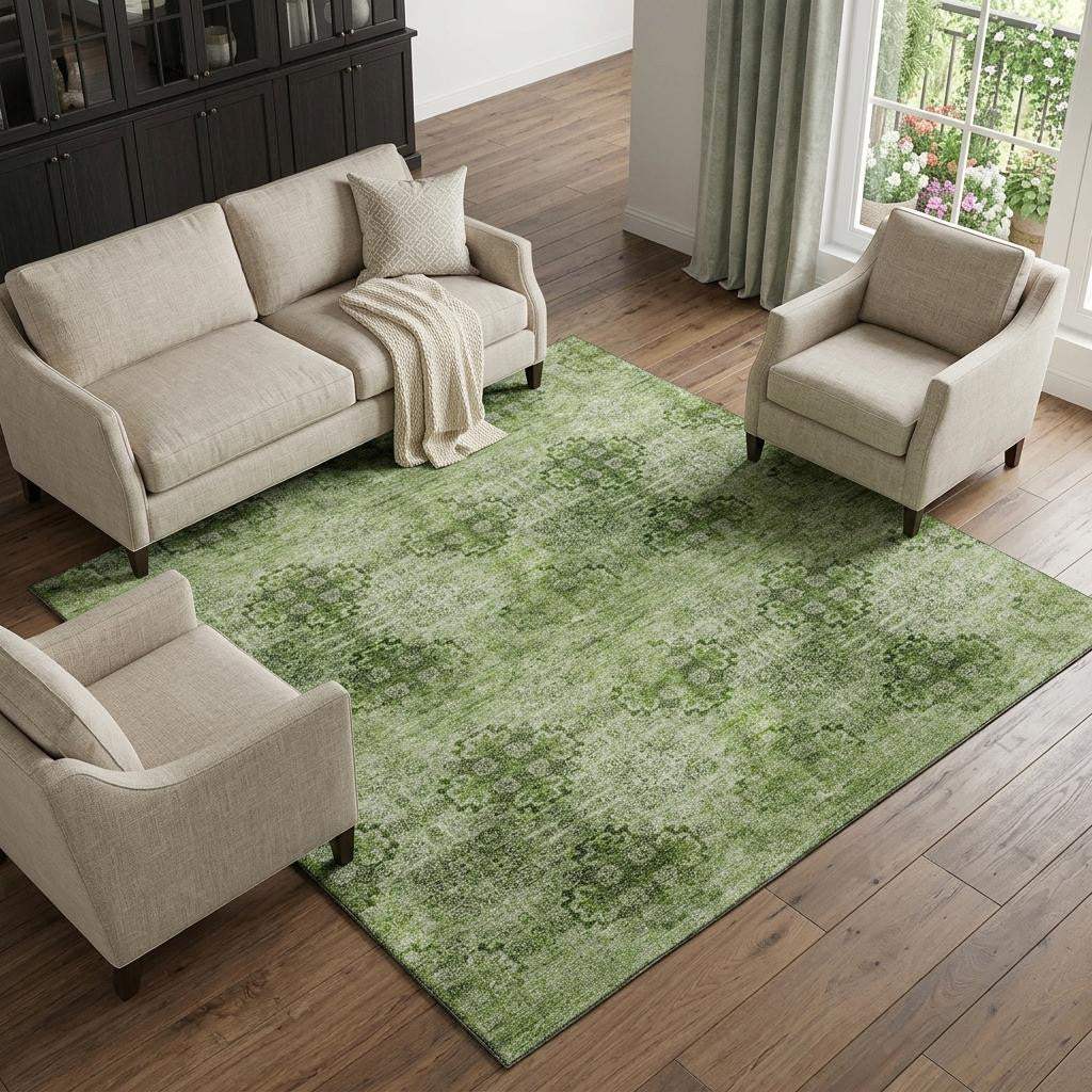 10' X 14' Olive Green And Ivory Floral Medallion Distressed Washable Area Rug With UV Protection - HomeRoots - Flyclothing LLC