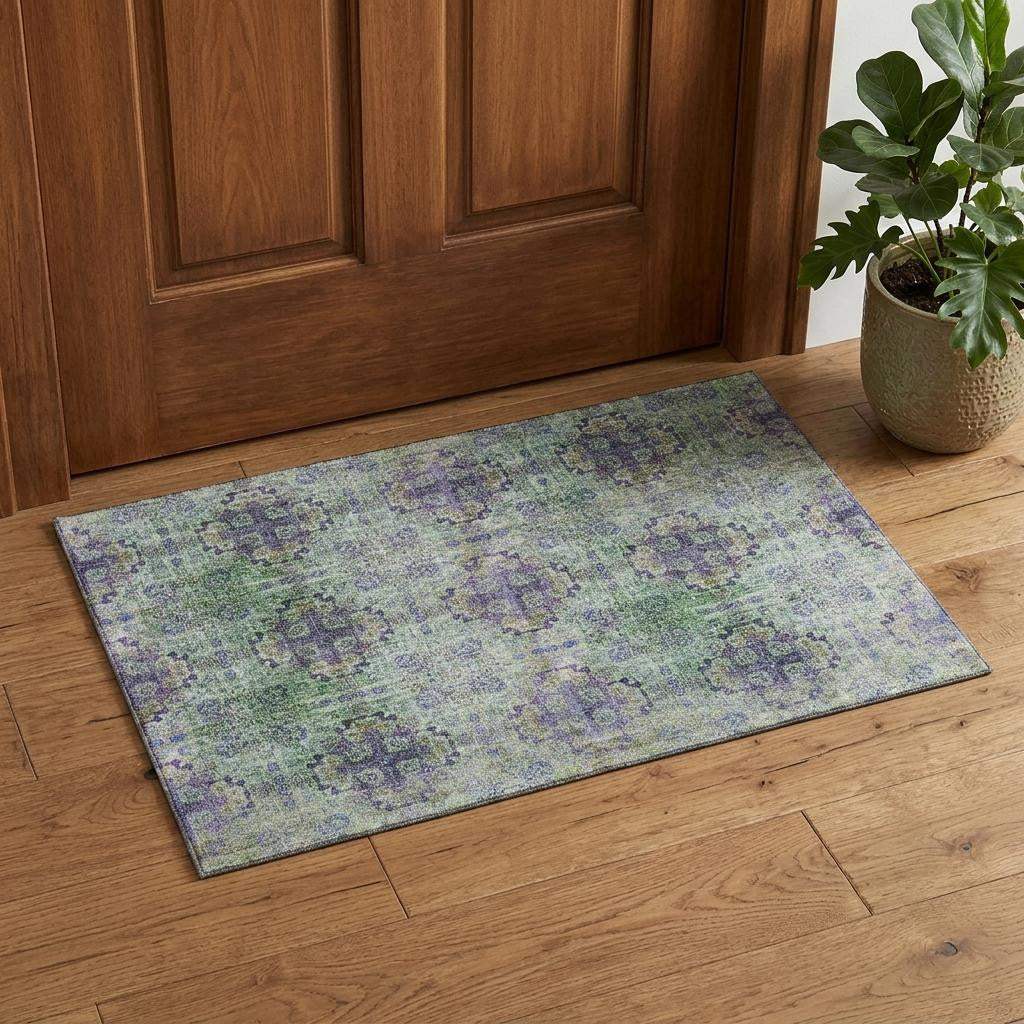 3' X 5' Purple Green And Ivory Floral Medallion Distressed Washable Area Rug With UV Protection - HomeRoots - Flyclothing LLC