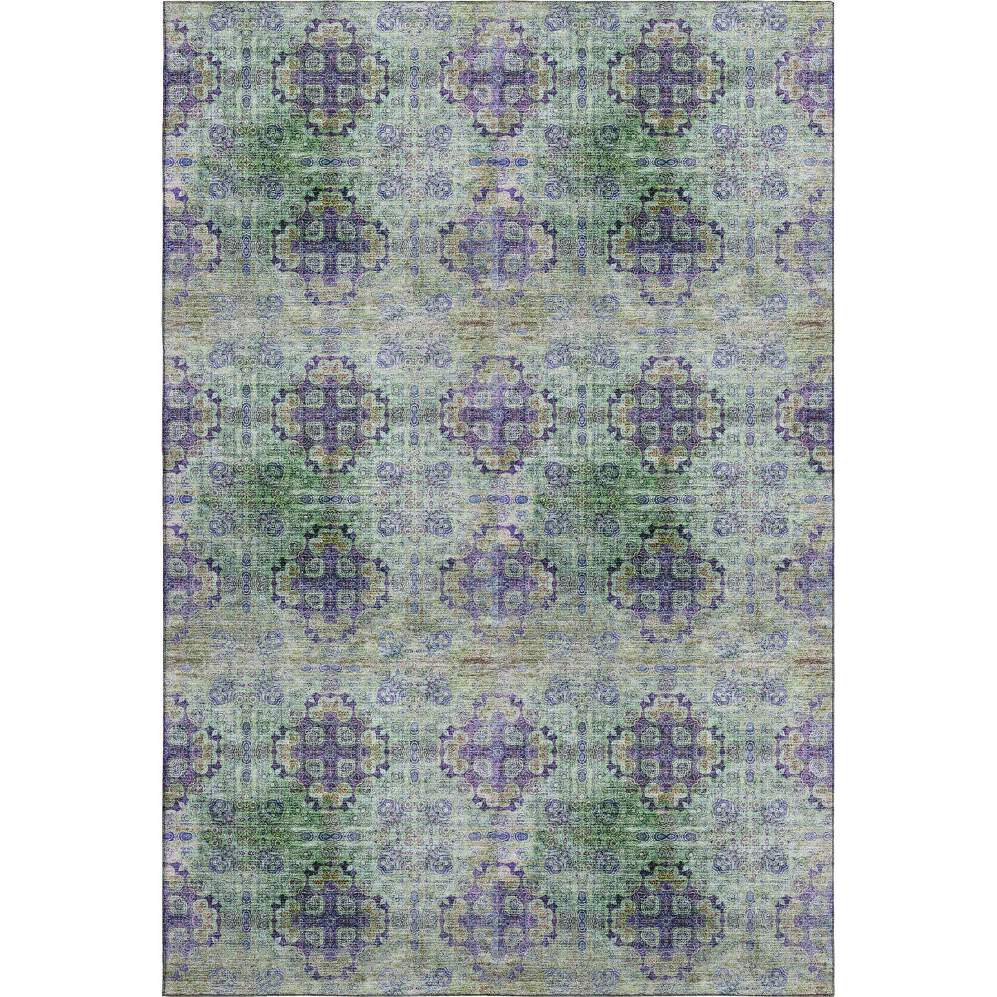 3' X 5' Purple Green And Ivory Floral Medallion Distressed Washable Area Rug With UV Protection - HomeRoots - Flyclothing LLC