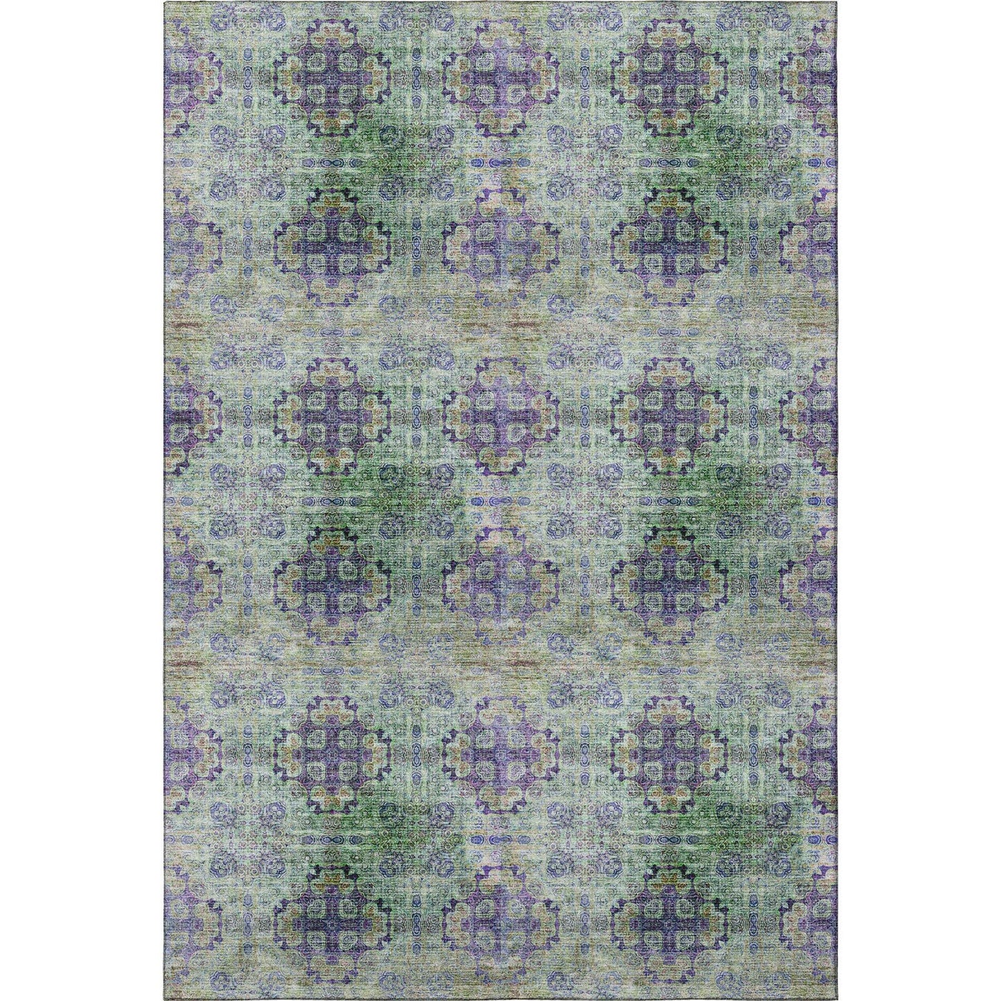 3' X 5' Purple Green And Ivory Floral Medallion Distressed Washable Area Rug With UV Protection - HomeRoots - Flyclothing LLC