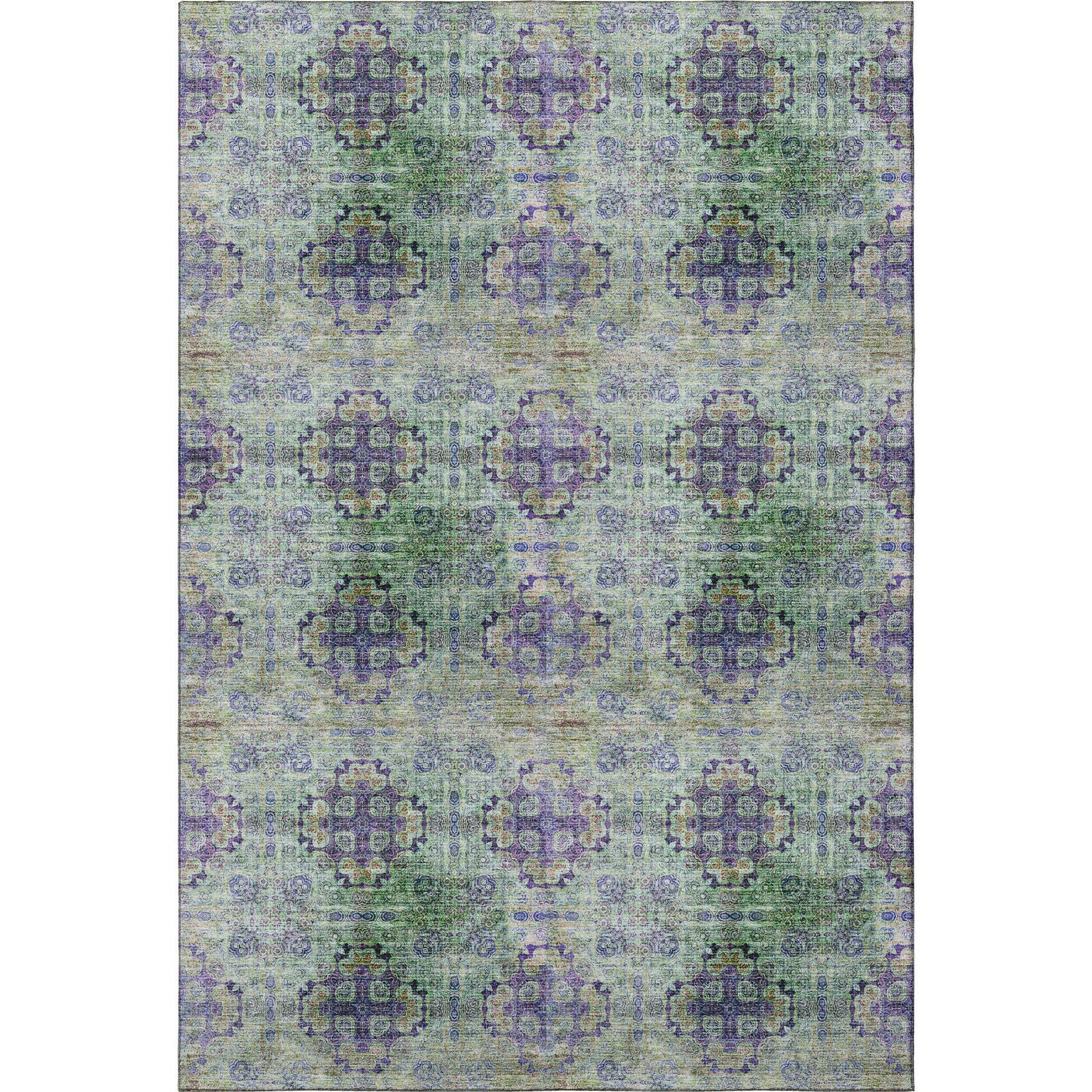 3' X 5' Purple Green And Ivory Floral Medallion Distressed Washable Area Rug With UV Protection - HomeRoots - Flyclothing LLC