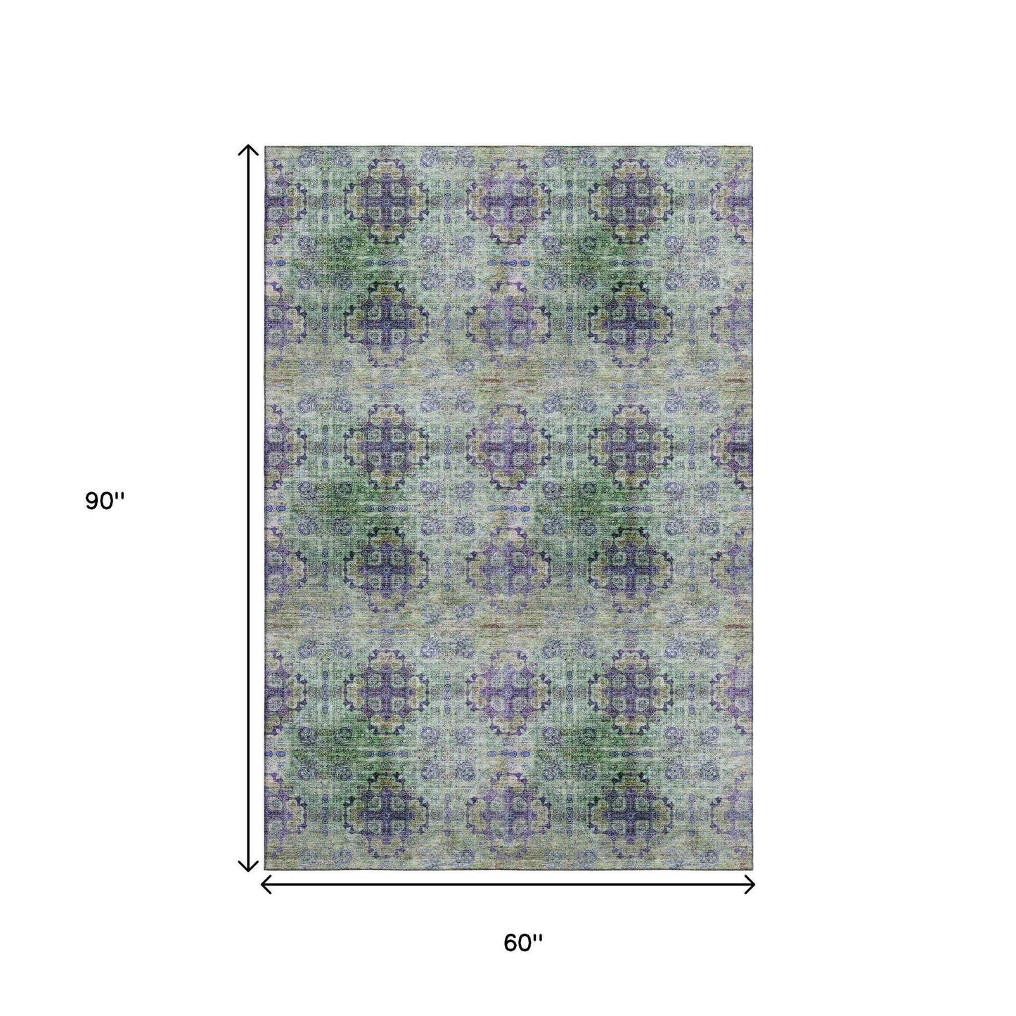 5' X 8' Purple Green And Ivory Floral Medallion Distressed Washable Area Rug With UV Protection - HomeRoots - Flyclothing LLC