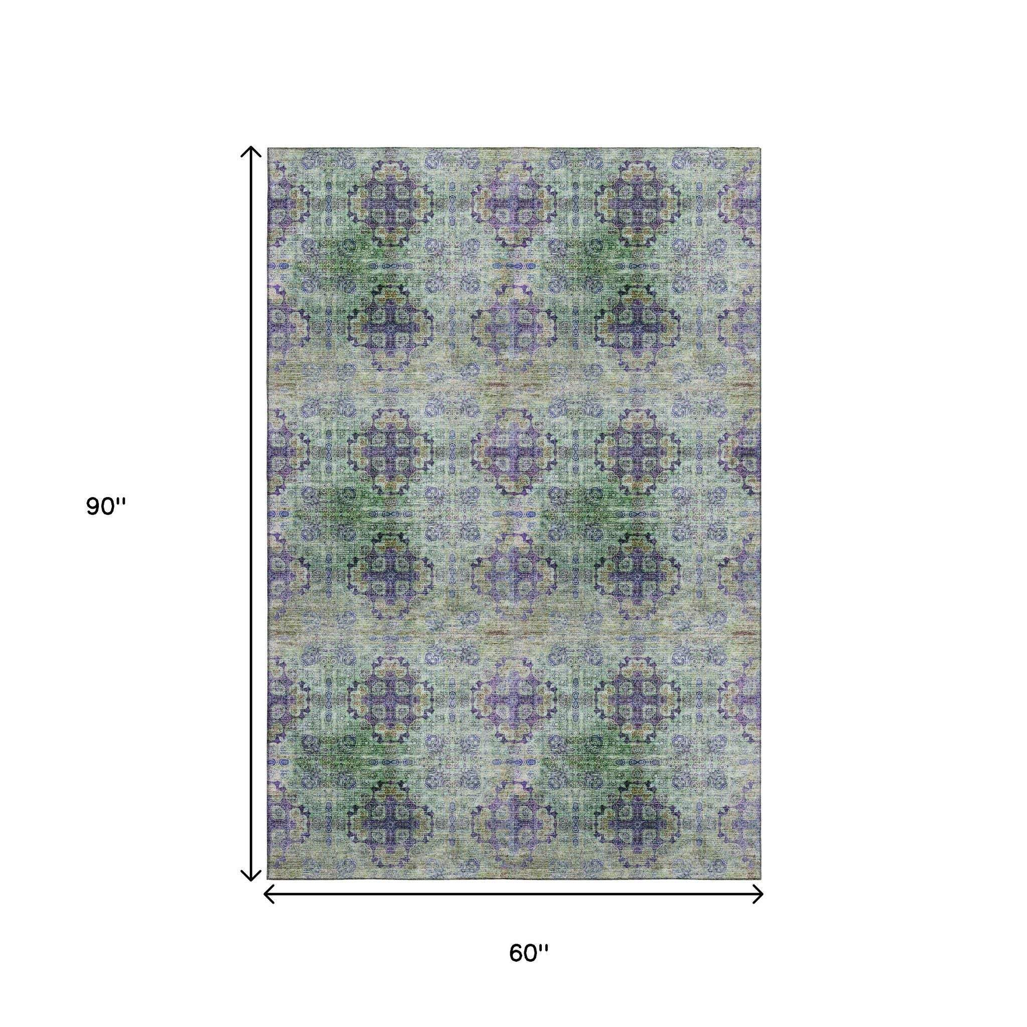 5' X 8' Purple Green And Ivory Floral Medallion Distressed Washable Area Rug With UV Protection - HomeRoots - Flyclothing LLC
