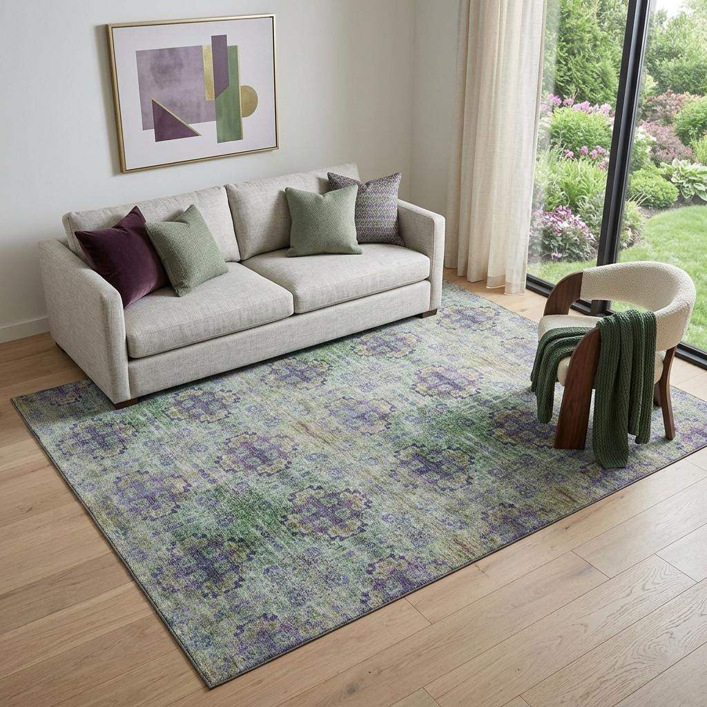 5' X 8' Purple Green And Ivory Floral Medallion Distressed Washable Area Rug With UV Protection - HomeRoots - Flyclothing LLC
