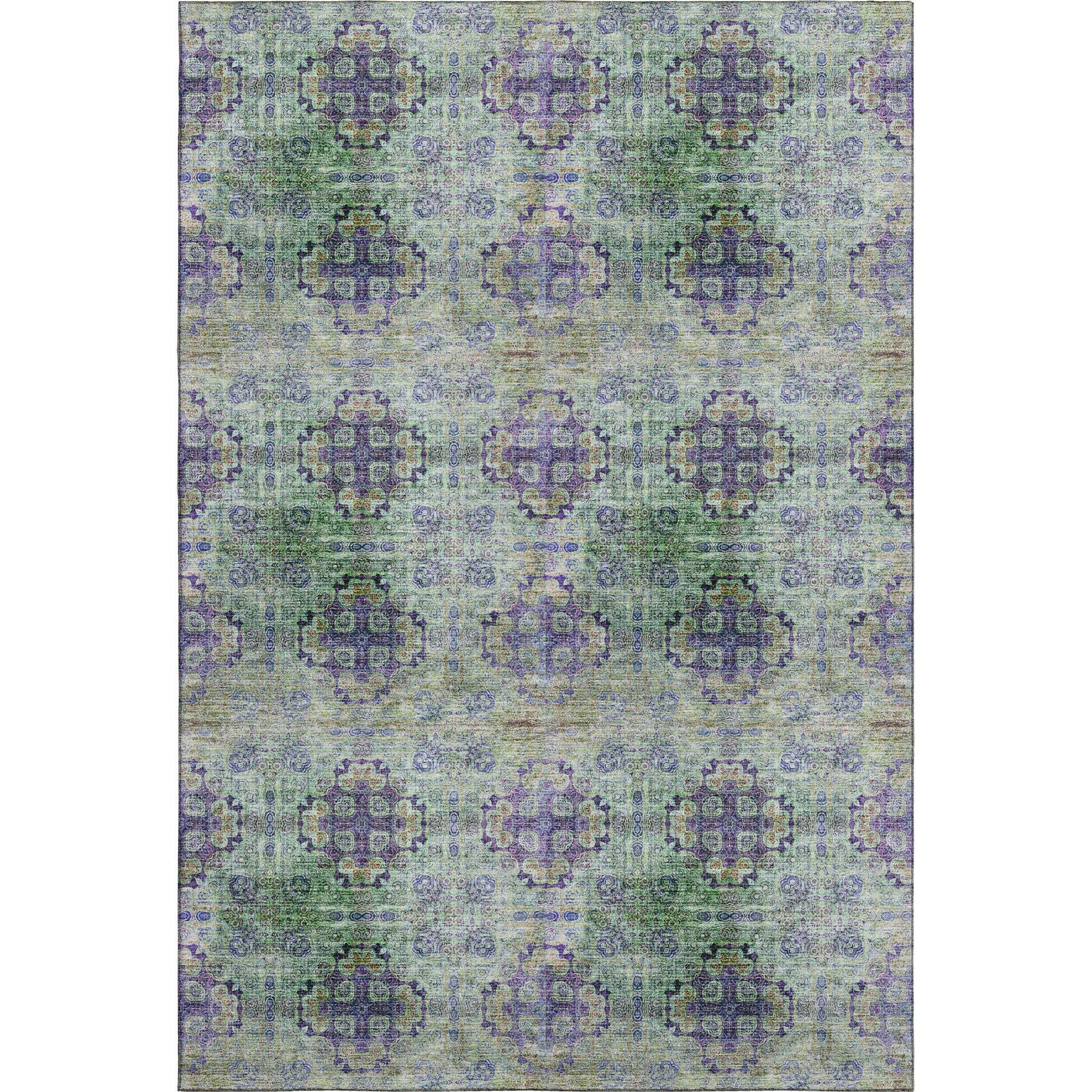 5' X 8' Purple Green And Ivory Floral Medallion Distressed Washable Area Rug With UV Protection - HomeRoots - Flyclothing LLC