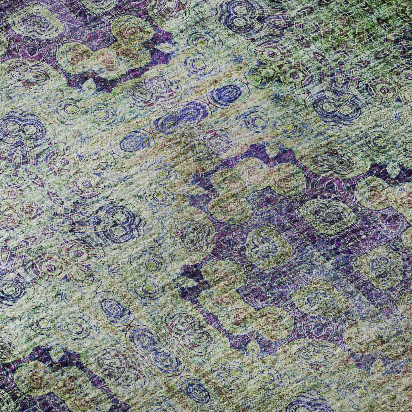 5' X 8' Purple Green And Ivory Floral Medallion Distressed Washable Area Rug With UV Protection - HomeRoots - Flyclothing LLC