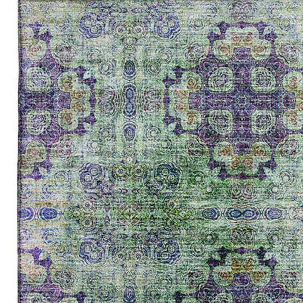 5' X 8' Purple Green And Ivory Floral Medallion Distressed Washable Area Rug With UV Protection - HomeRoots - Flyclothing LLC