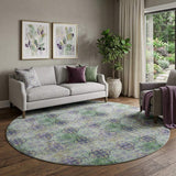 8' Purple Green And Ivory Floral Medallion Distressed Washable Round Rug With UV Protection - HomeRoots - Flyclothing LLC