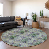 8' Purple Green And Ivory Floral Medallion Distressed Washable Round Rug With UV Protection - HomeRoots - Flyclothing LLC