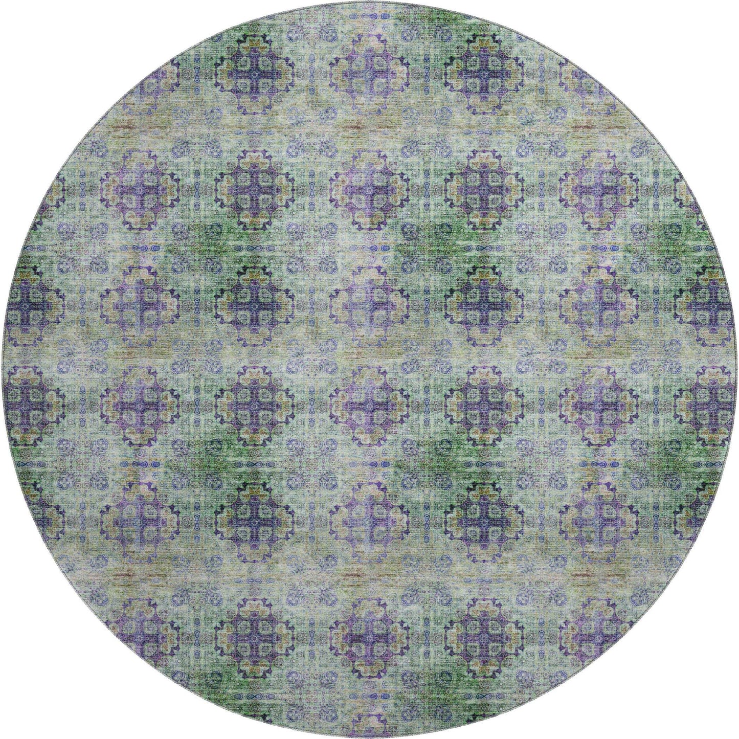 8' Purple Green And Ivory Floral Medallion Distressed Washable Round Rug With UV Protection - HomeRoots - Flyclothing LLC
