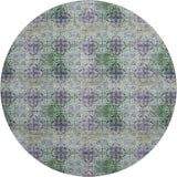 8' Purple Green And Ivory Floral Medallion Distressed Washable Round Rug With UV Protection - HomeRoots - Flyclothing LLC