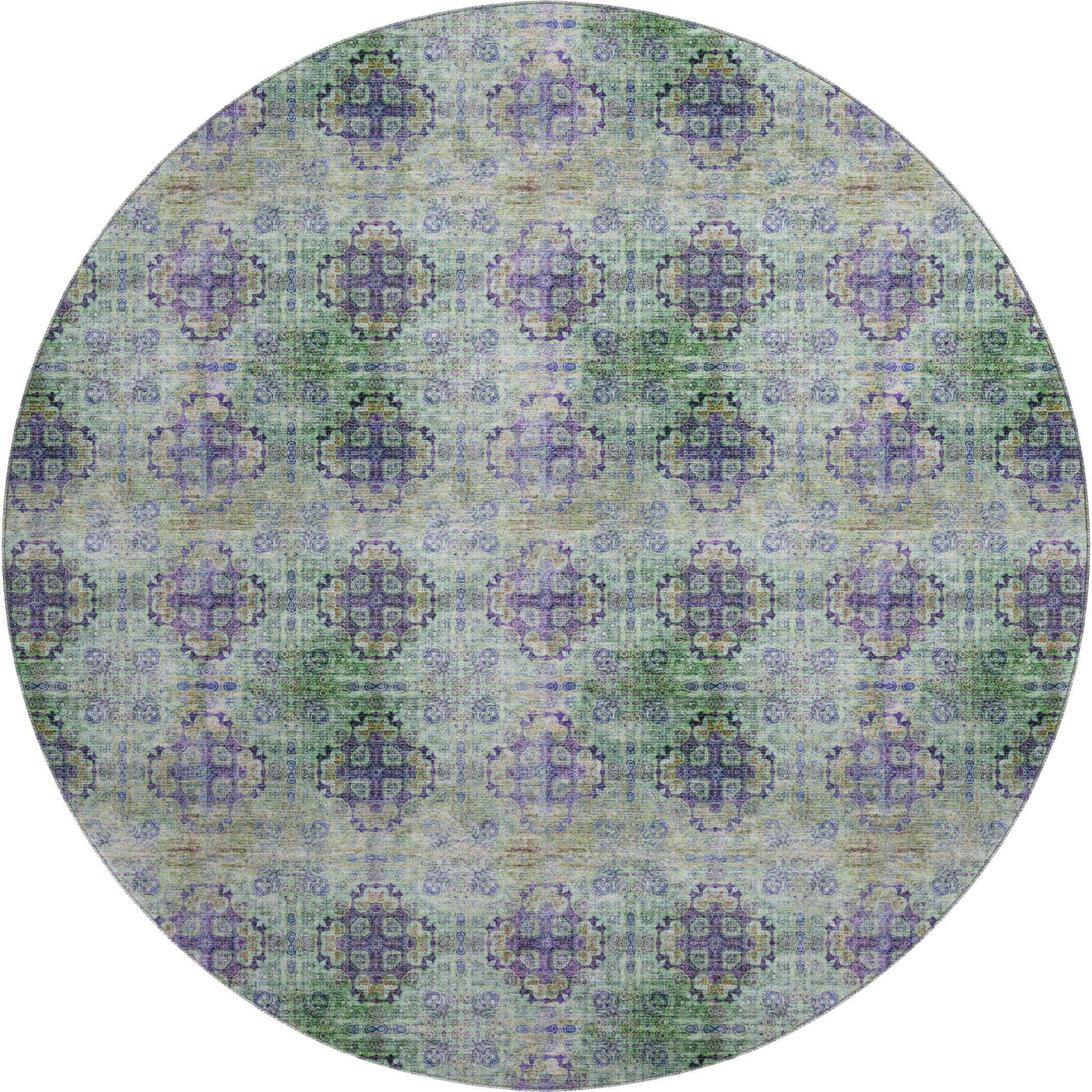 8' Purple Green And Ivory Floral Medallion Distressed Washable Round Rug With UV Protection - HomeRoots - Flyclothing LLC