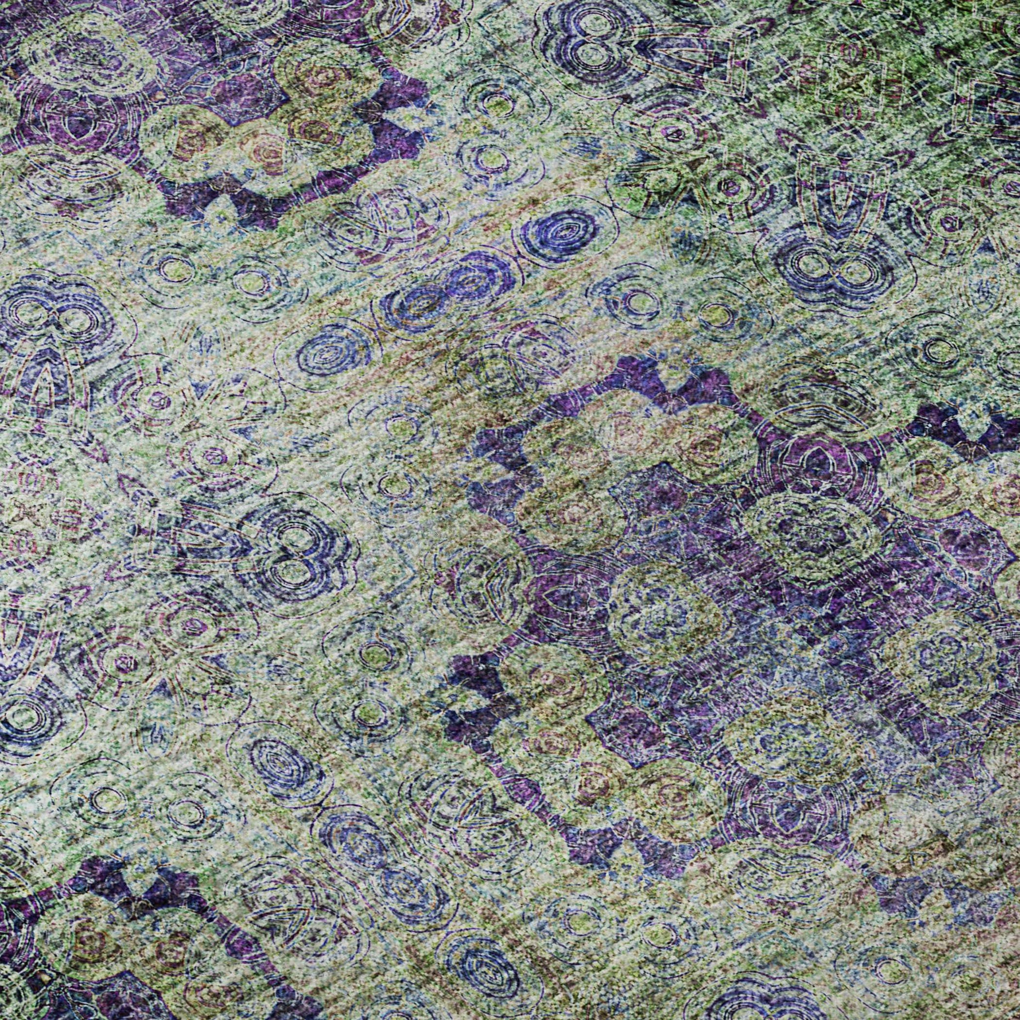 8' Purple Green And Ivory Floral Medallion Distressed Washable Round Rug With UV Protection - HomeRoots - Flyclothing LLC