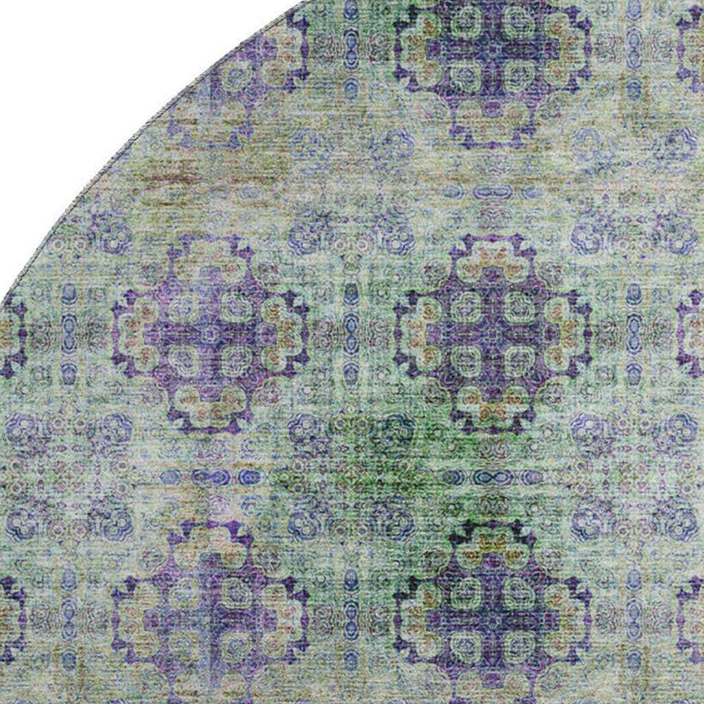 8' Purple Green And Ivory Floral Medallion Distressed Washable Round Rug With UV Protection - HomeRoots - Flyclothing LLC