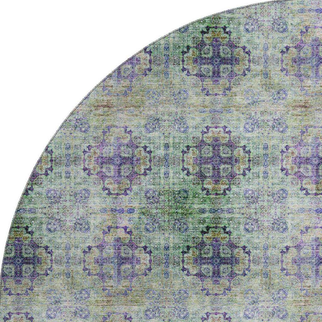 8' Purple Green And Ivory Floral Medallion Distressed Washable Round Rug With UV Protection - HomeRoots - Flyclothing LLC