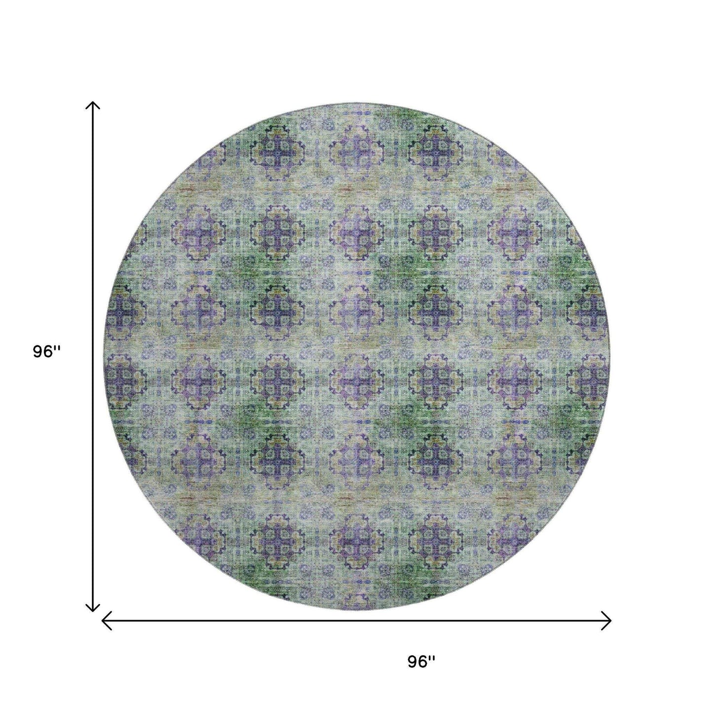 8' Purple Green And Ivory Floral Medallion Distressed Washable Round Rug With UV Protection - HomeRoots - Flyclothing LLC