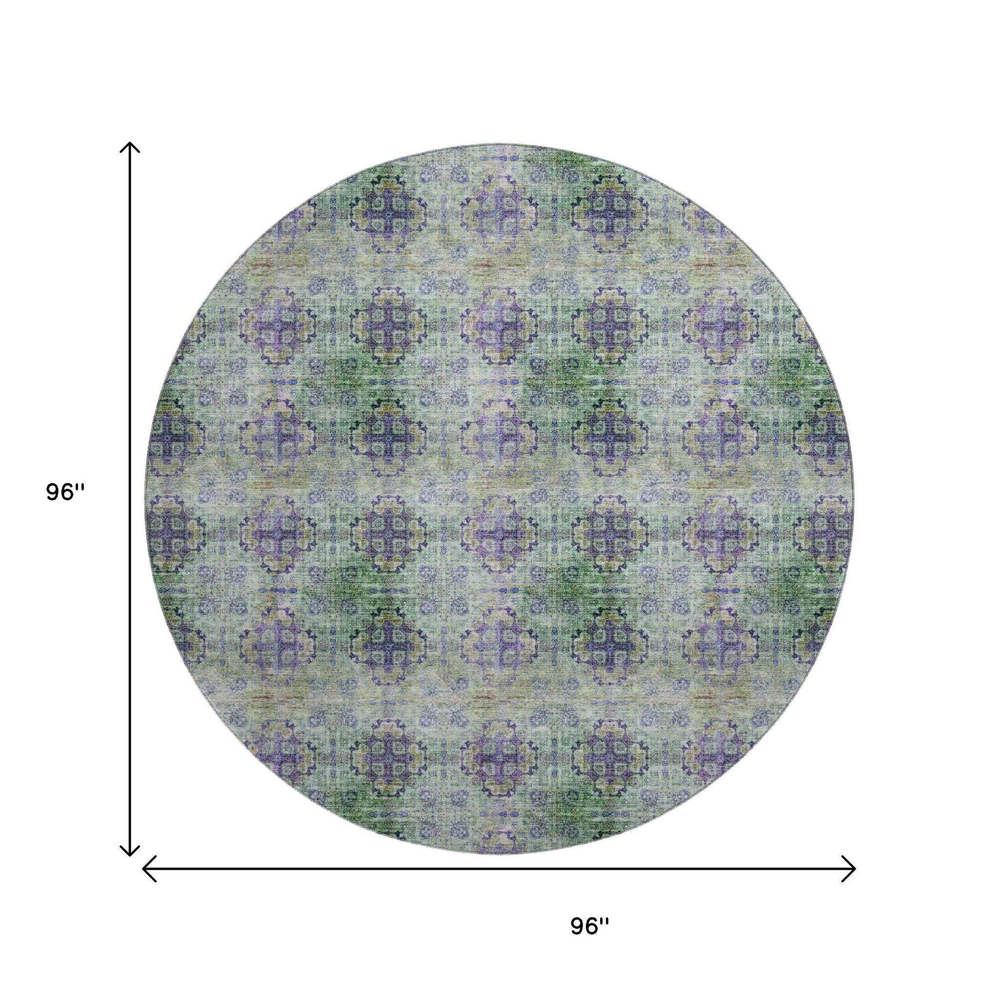 8' Purple Green And Ivory Floral Medallion Distressed Washable Round Rug With UV Protection - HomeRoots - Flyclothing LLC