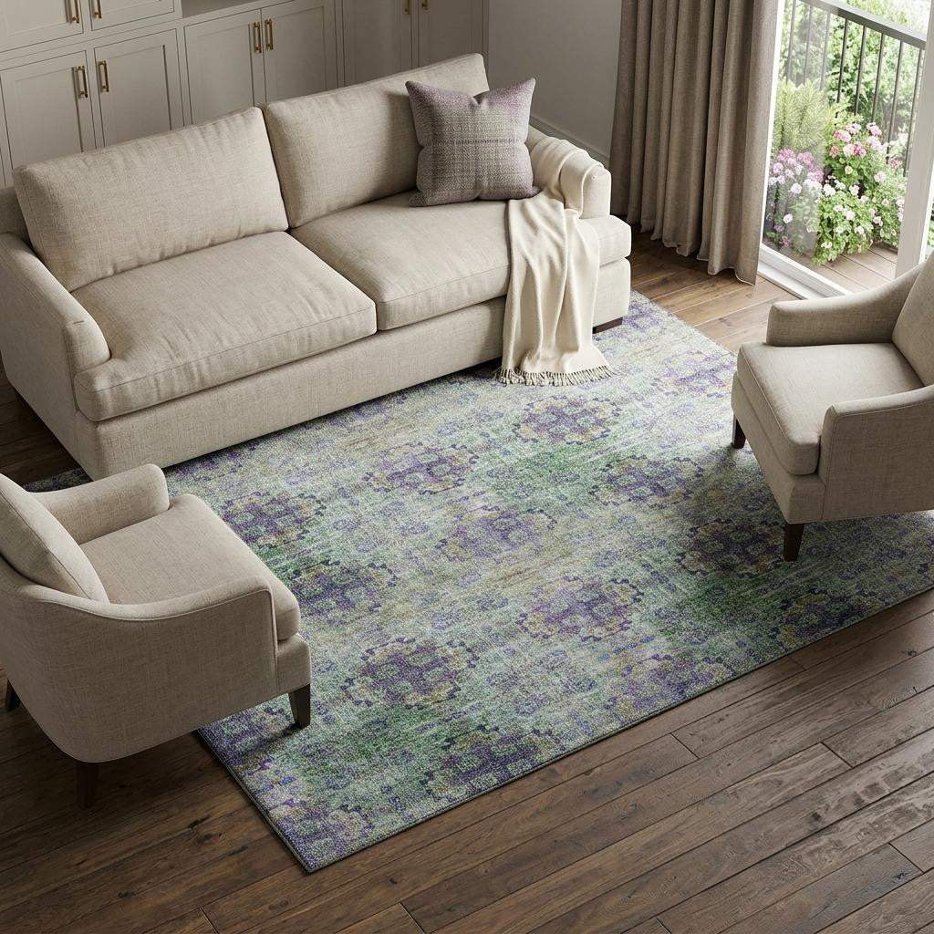 8' X 10' Purple Green And Ivory Floral Medallion Distressed Washable Area Rug With UV Protection - HomeRoots - Flyclothing LLC